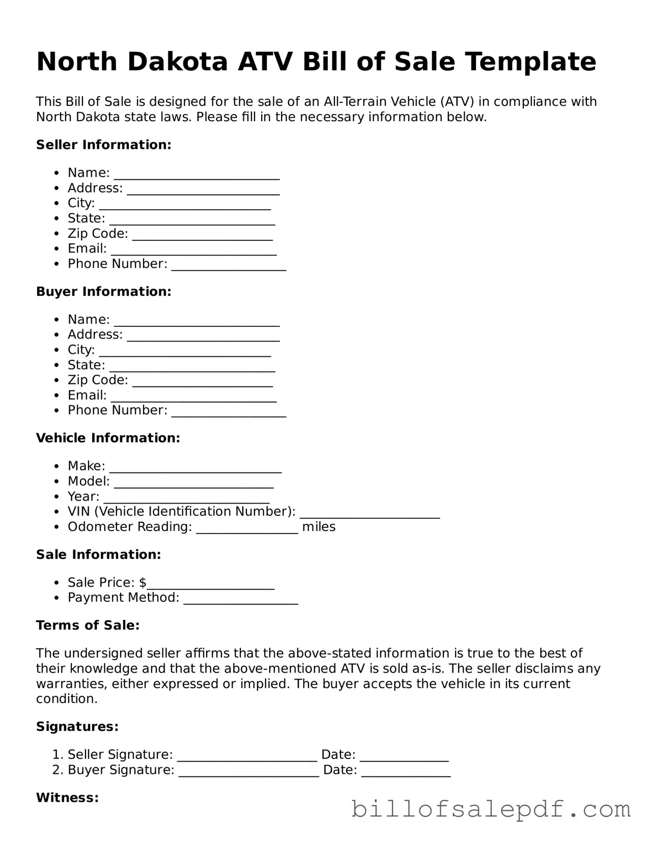 Legal North Dakota ATV Bill of Sale Form