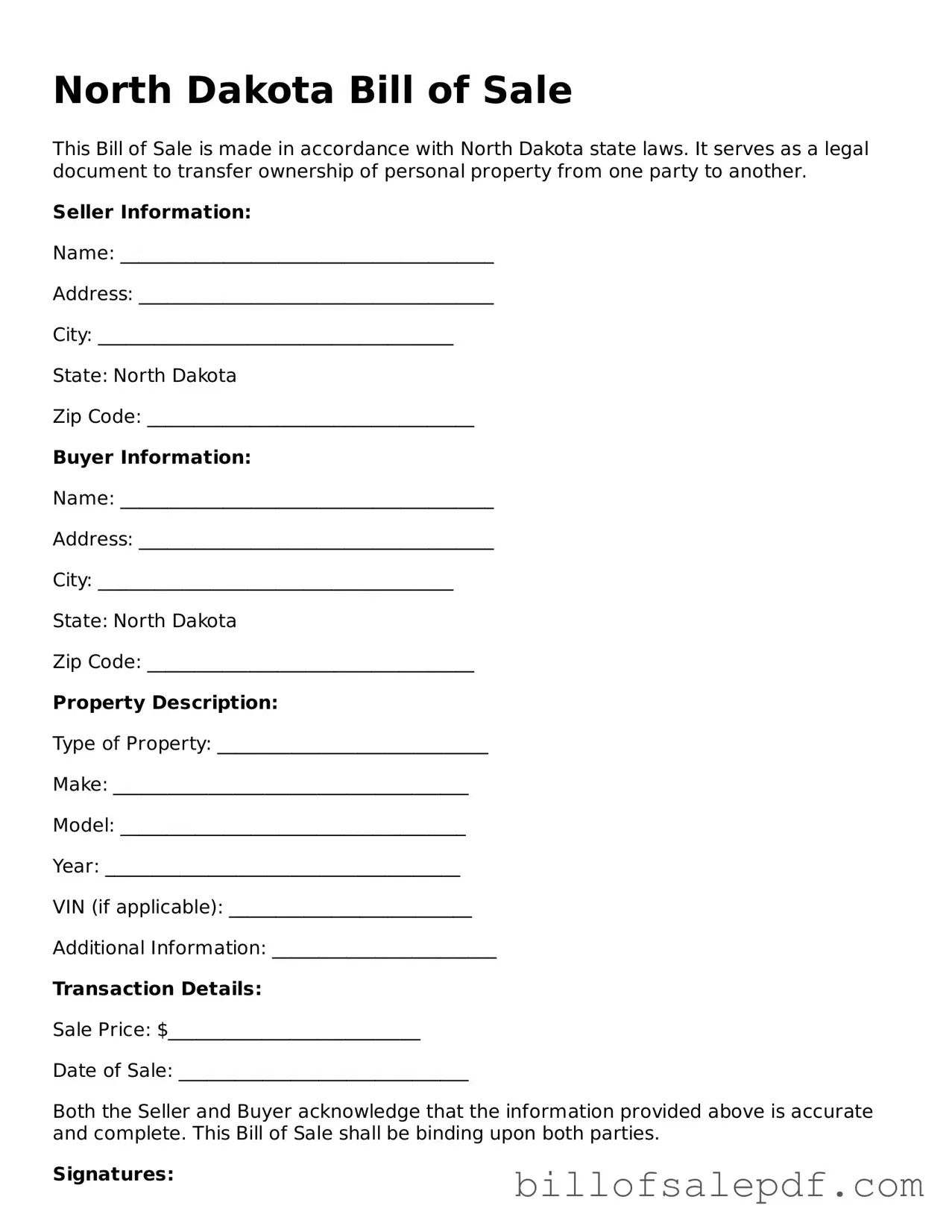 Legal North Dakota Bill of Sale Form