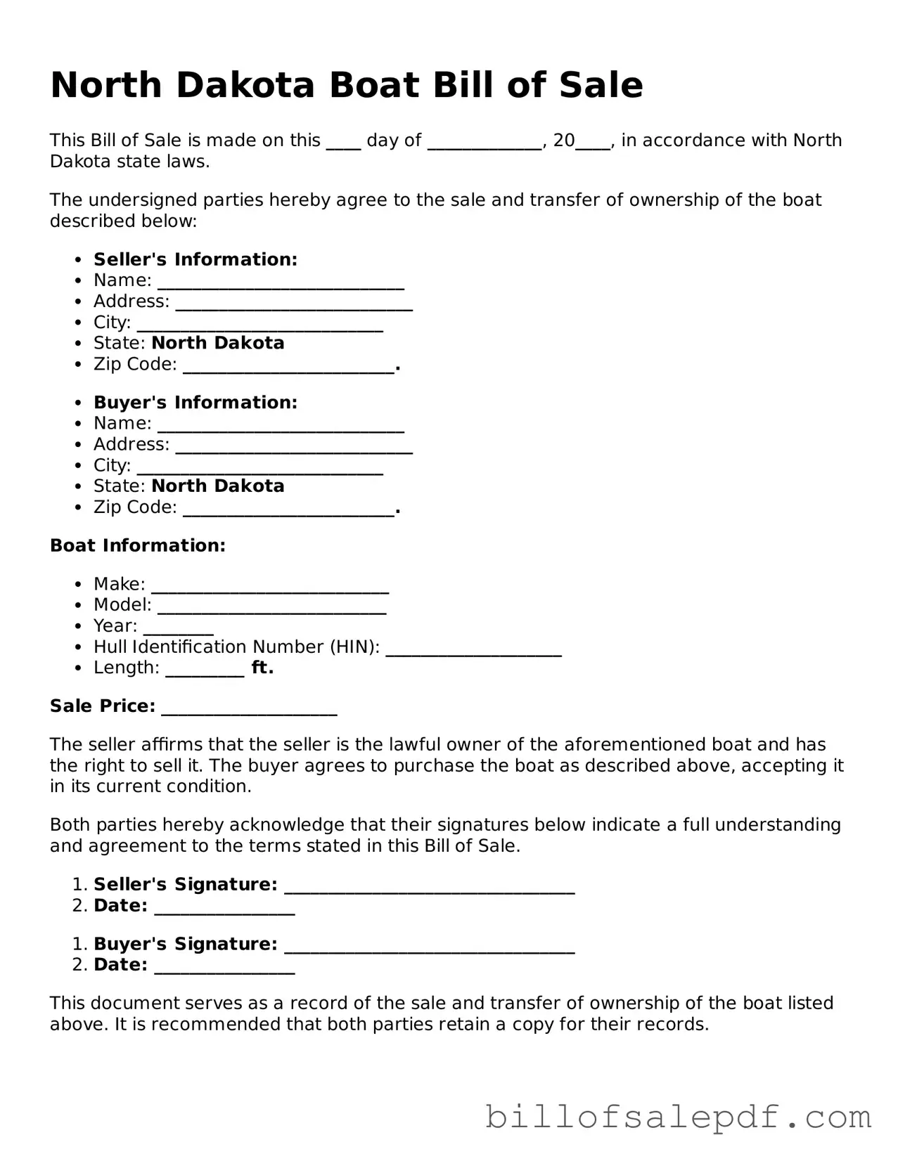 Legal North Dakota Boat Bill of Sale Form