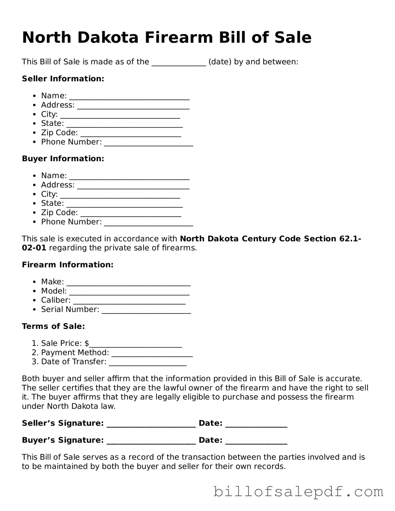 Legal North Dakota Firearm Bill of Sale Form