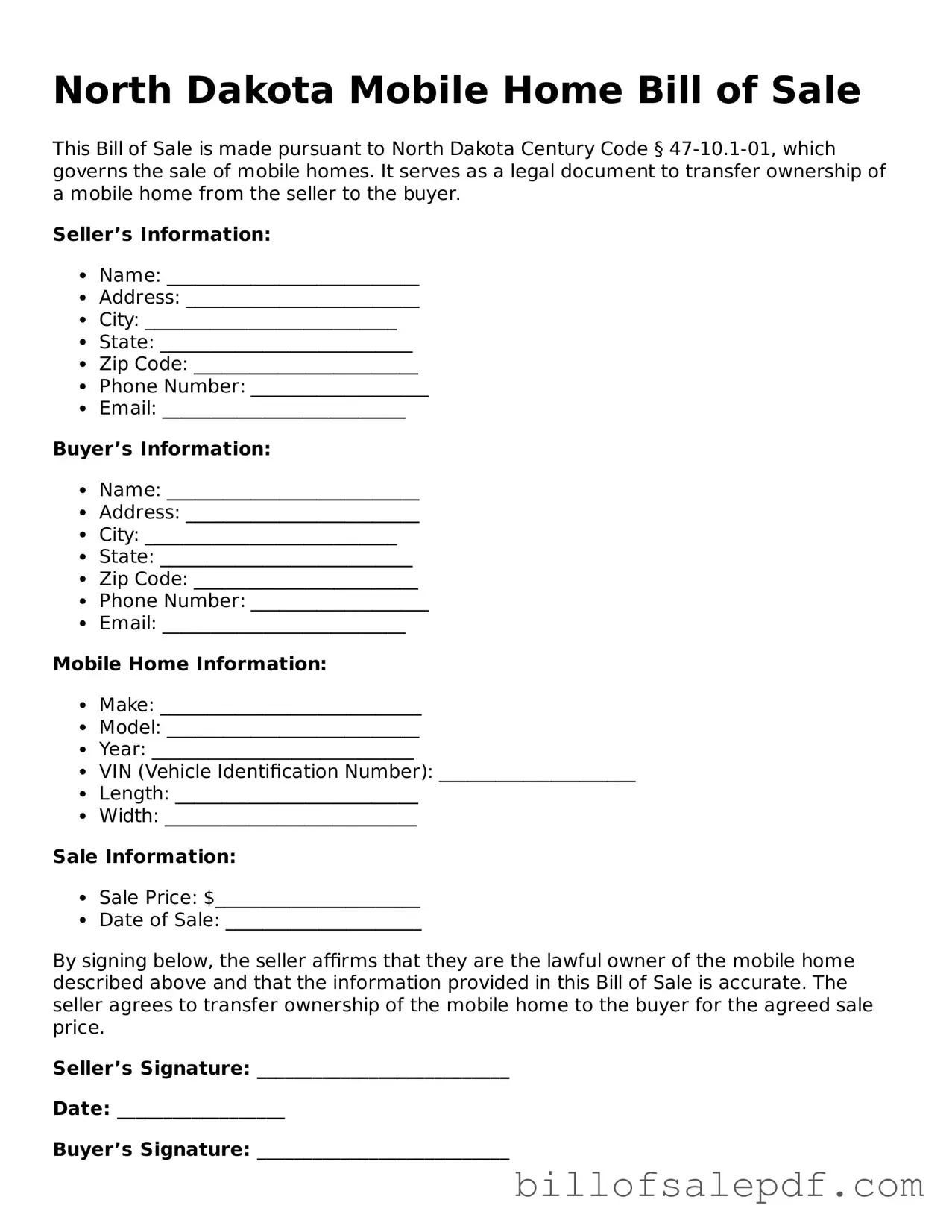 Legal North Dakota Mobile Home Bill of Sale Form