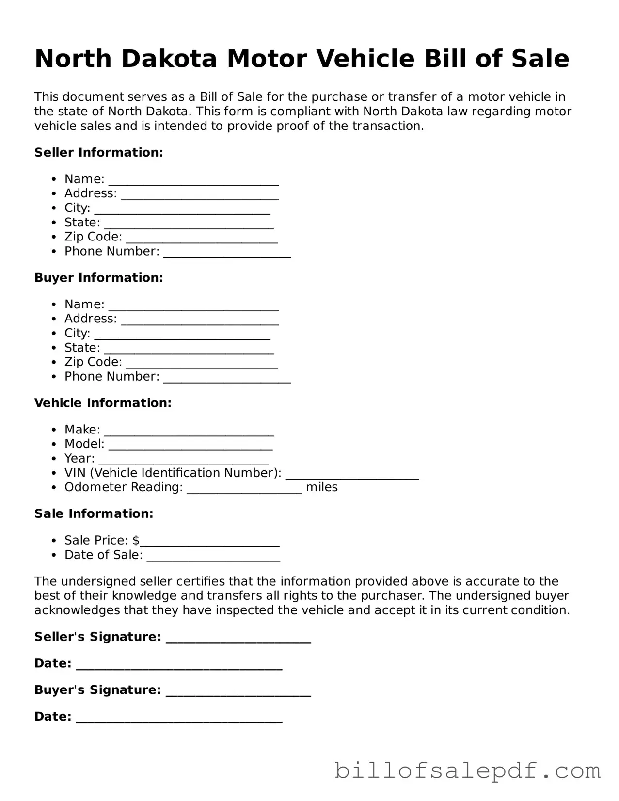 Legal North Dakota Motor Vehicle Bill of Sale Form