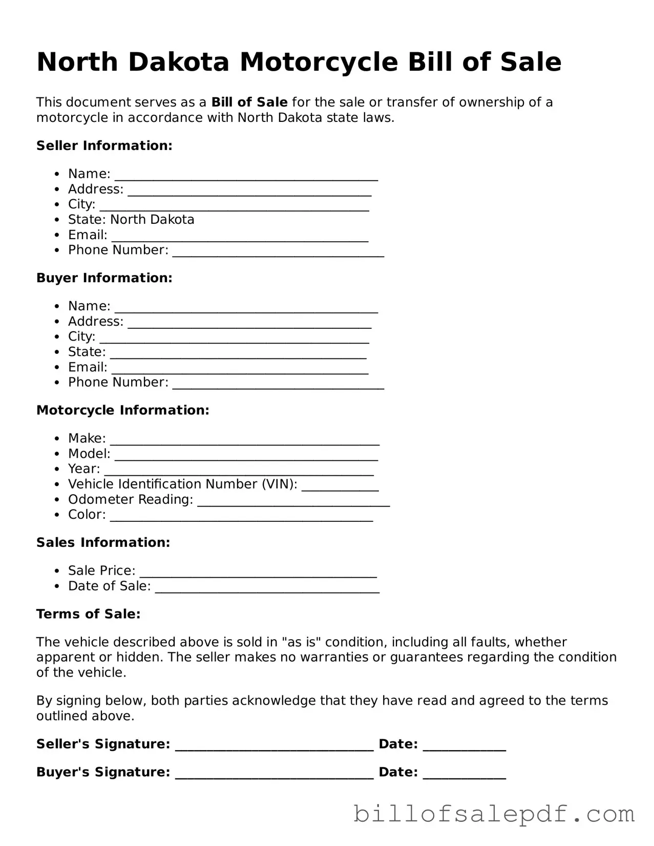 Legal North Dakota Motorcycle Bill of Sale Form