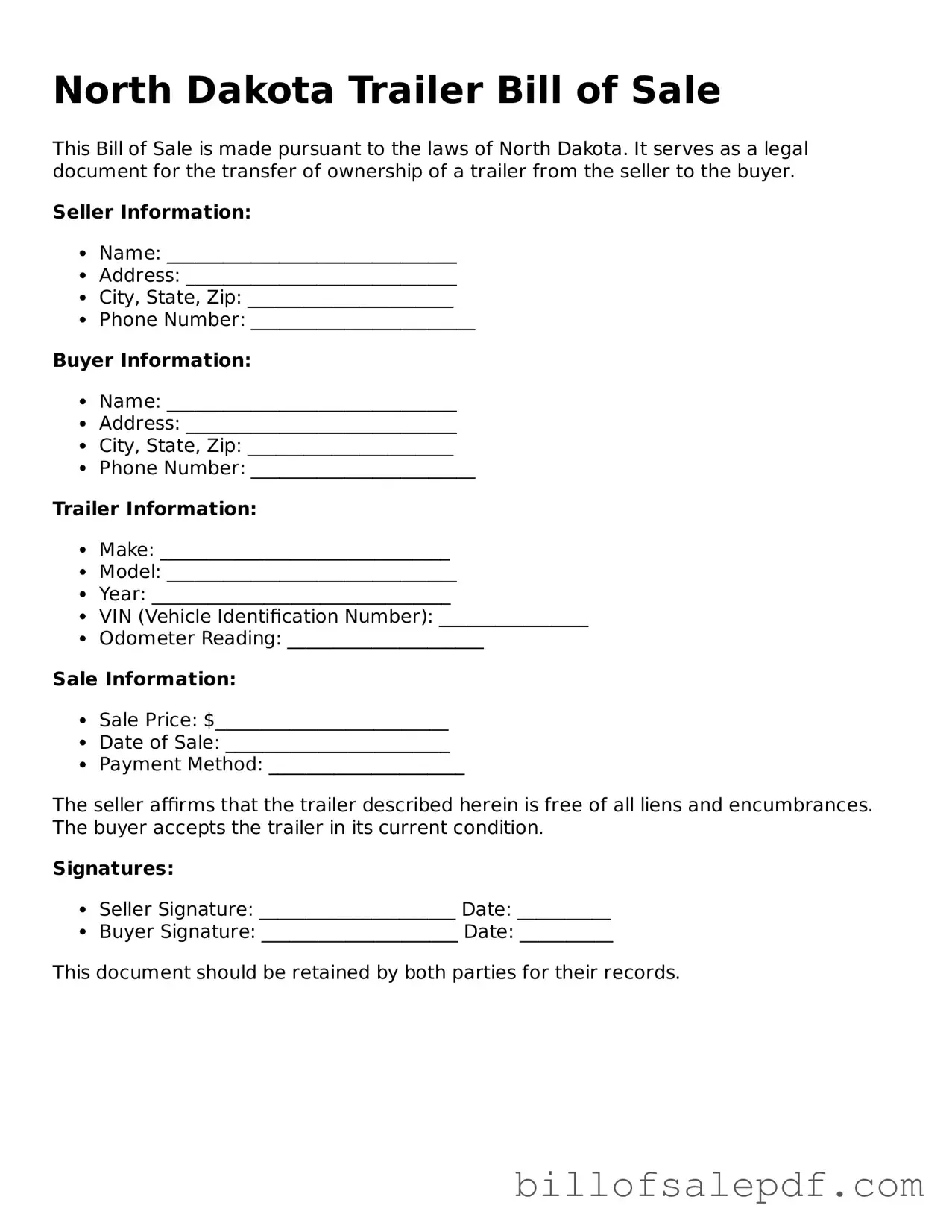 Legal North Dakota Trailer Bill of Sale Form