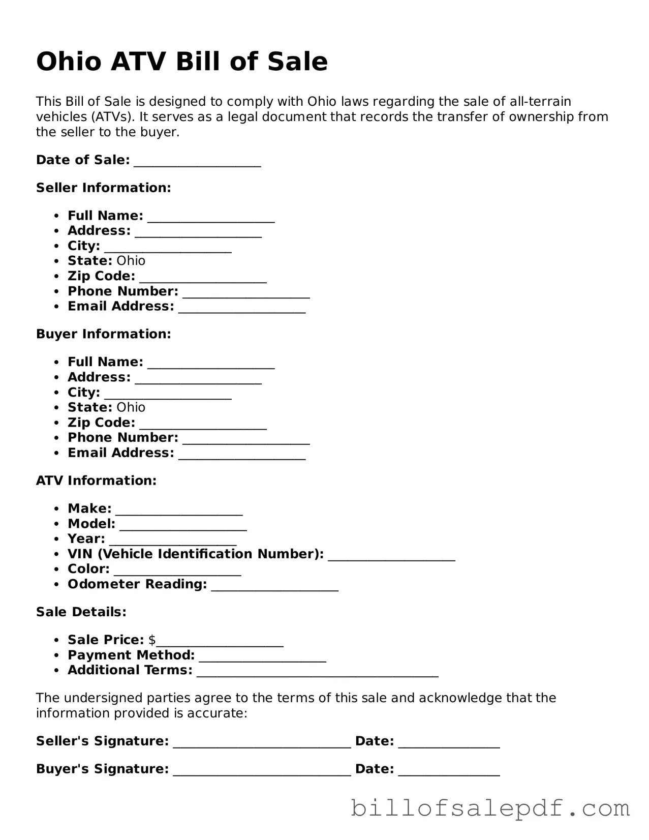 Legal Ohio ATV Bill of Sale Form