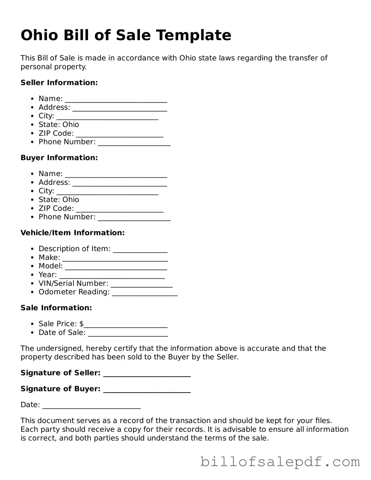 Legal Ohio Bill of Sale Form