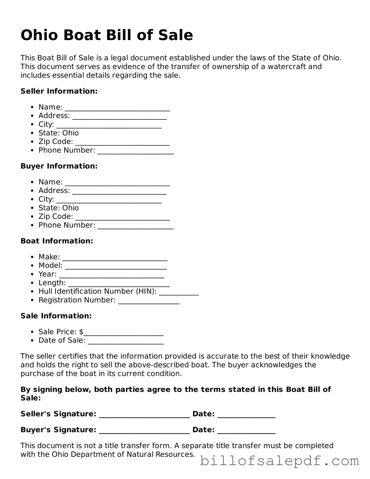 Legal Ohio Boat Bill of Sale Form