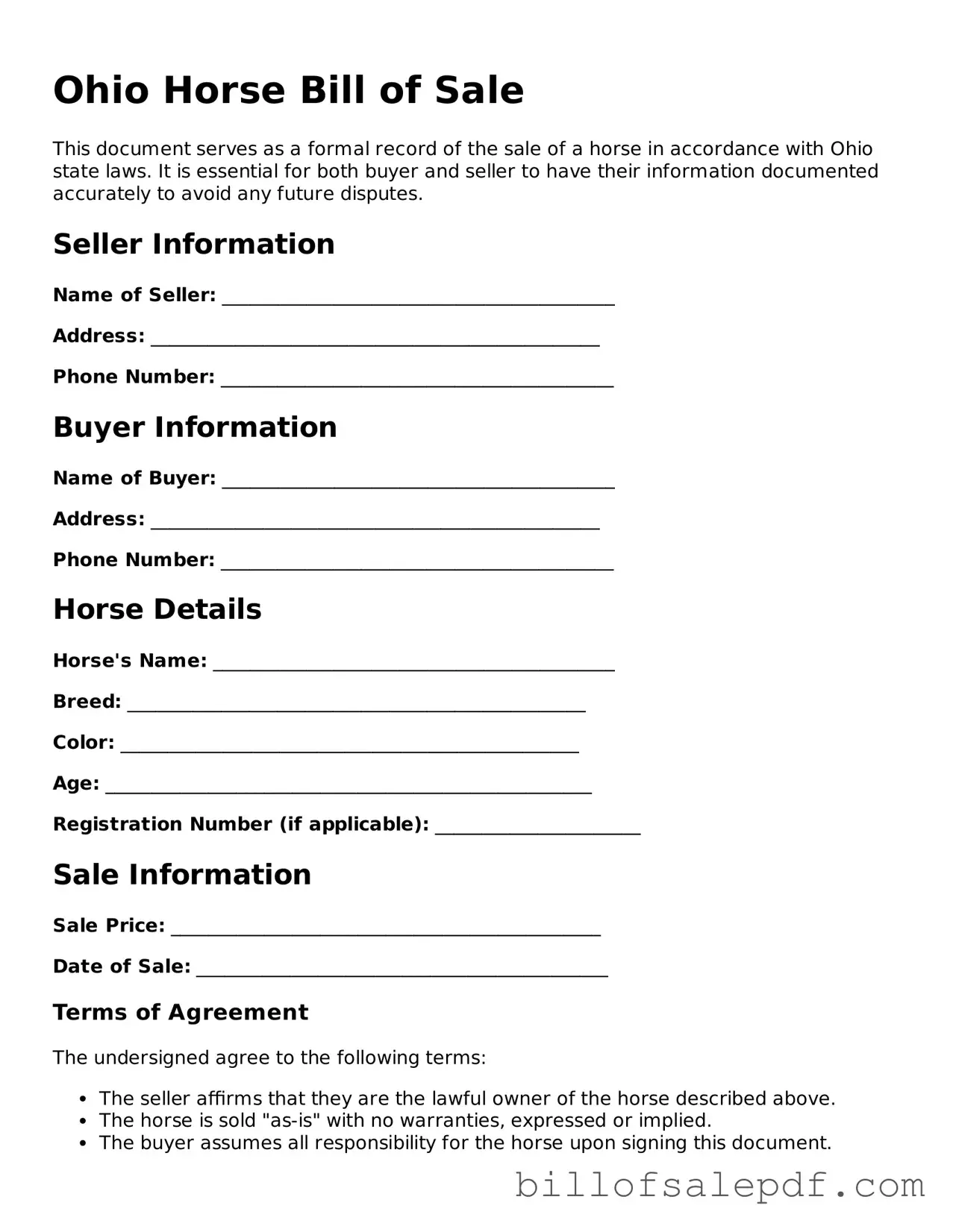 Legal Ohio Horse Bill of Sale Form