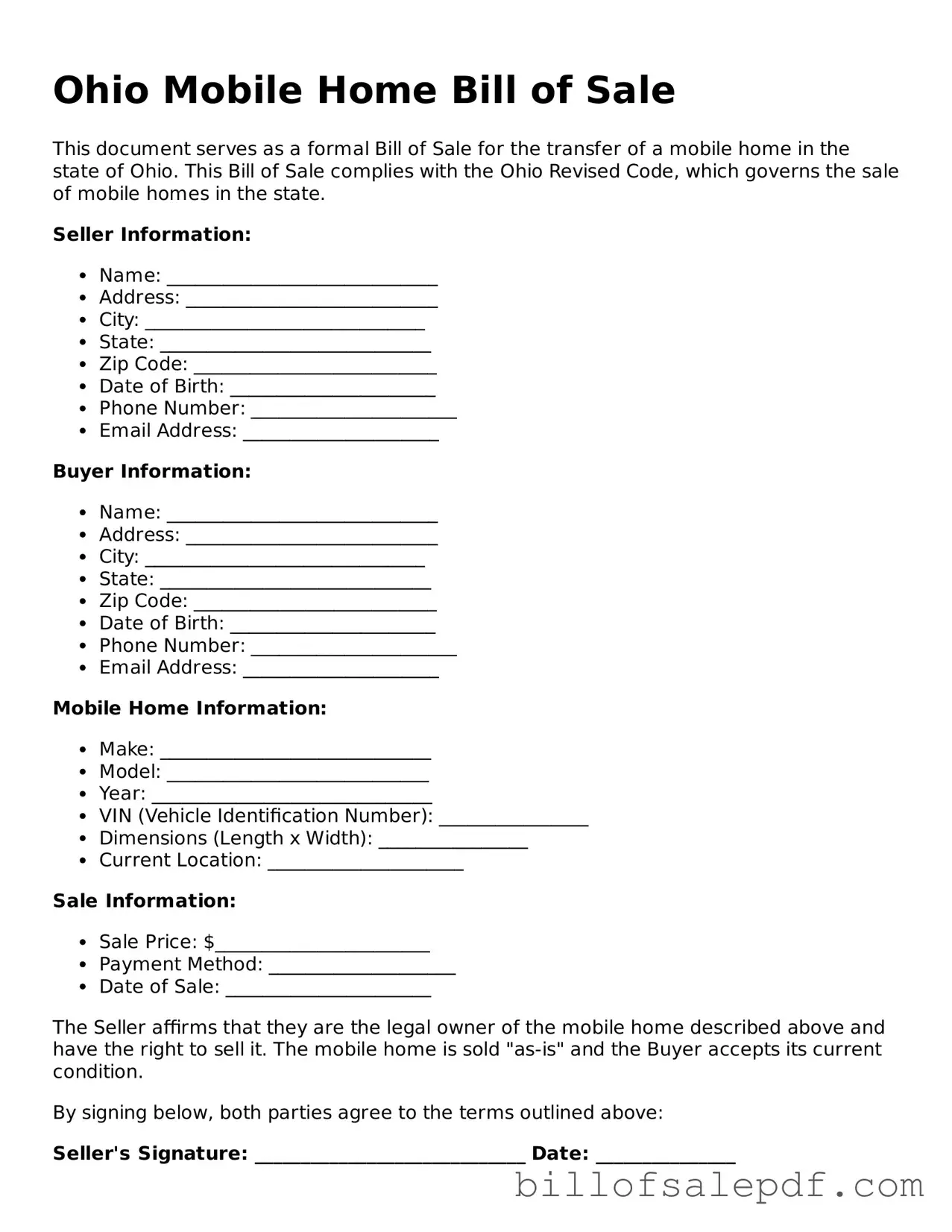 Legal Ohio Mobile Home Bill of Sale Form