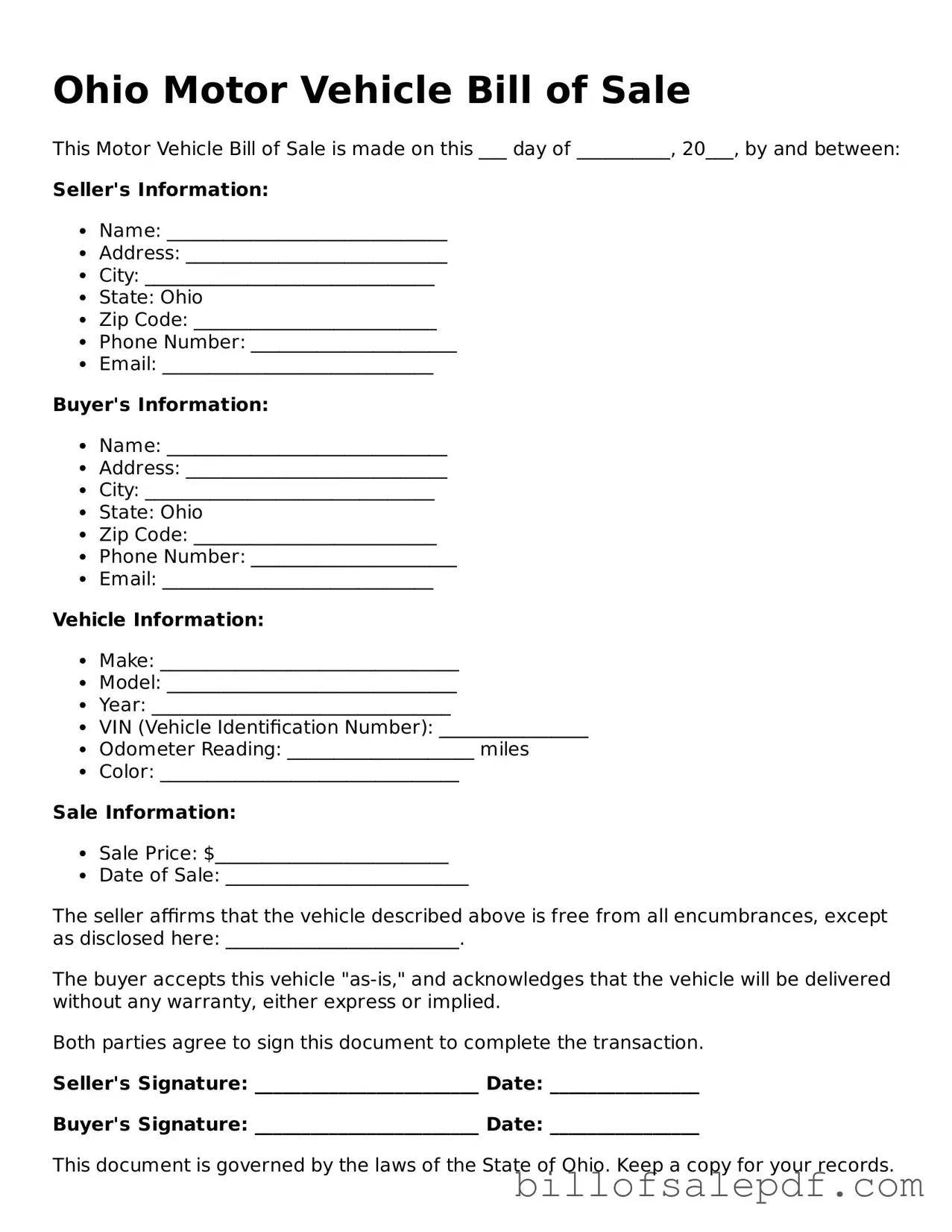 Legal Ohio Motor Vehicle Bill of Sale Form