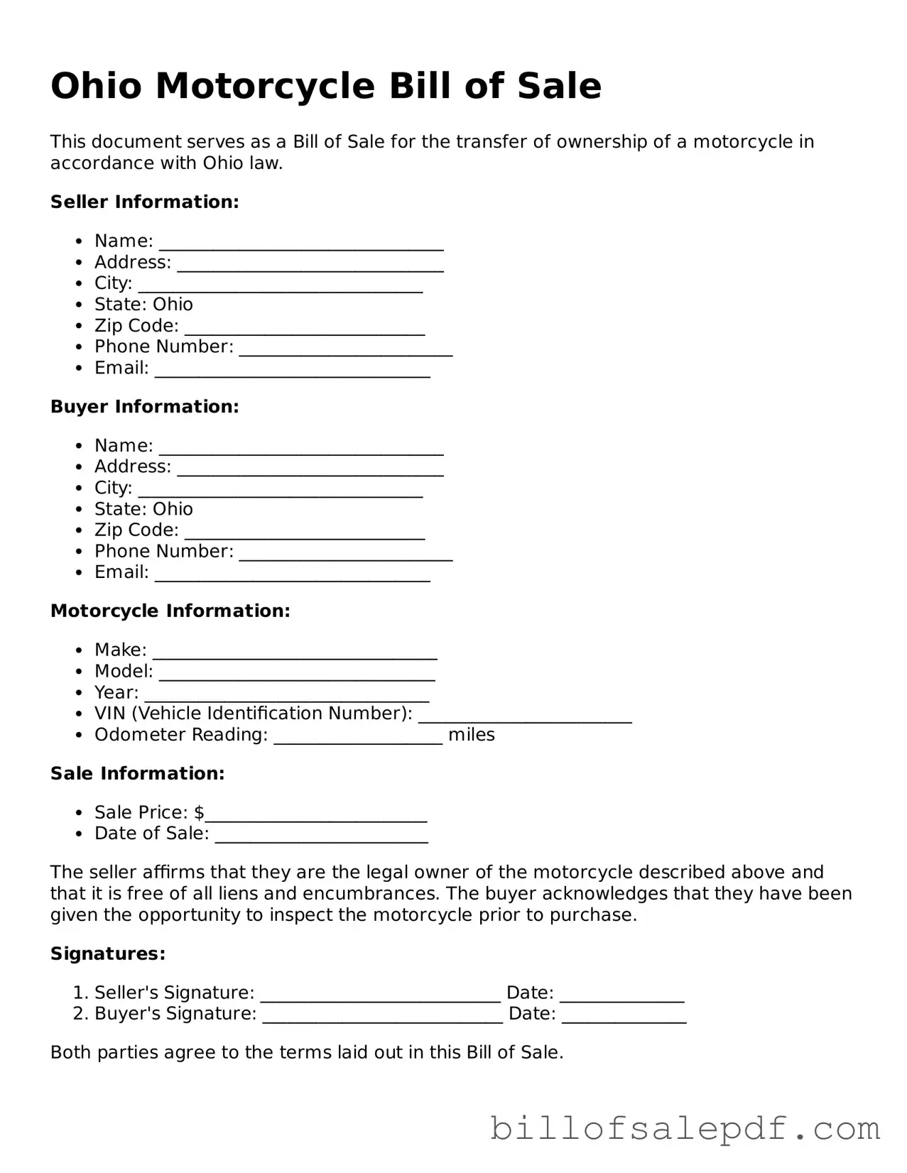 Legal Ohio Motorcycle Bill of Sale Form