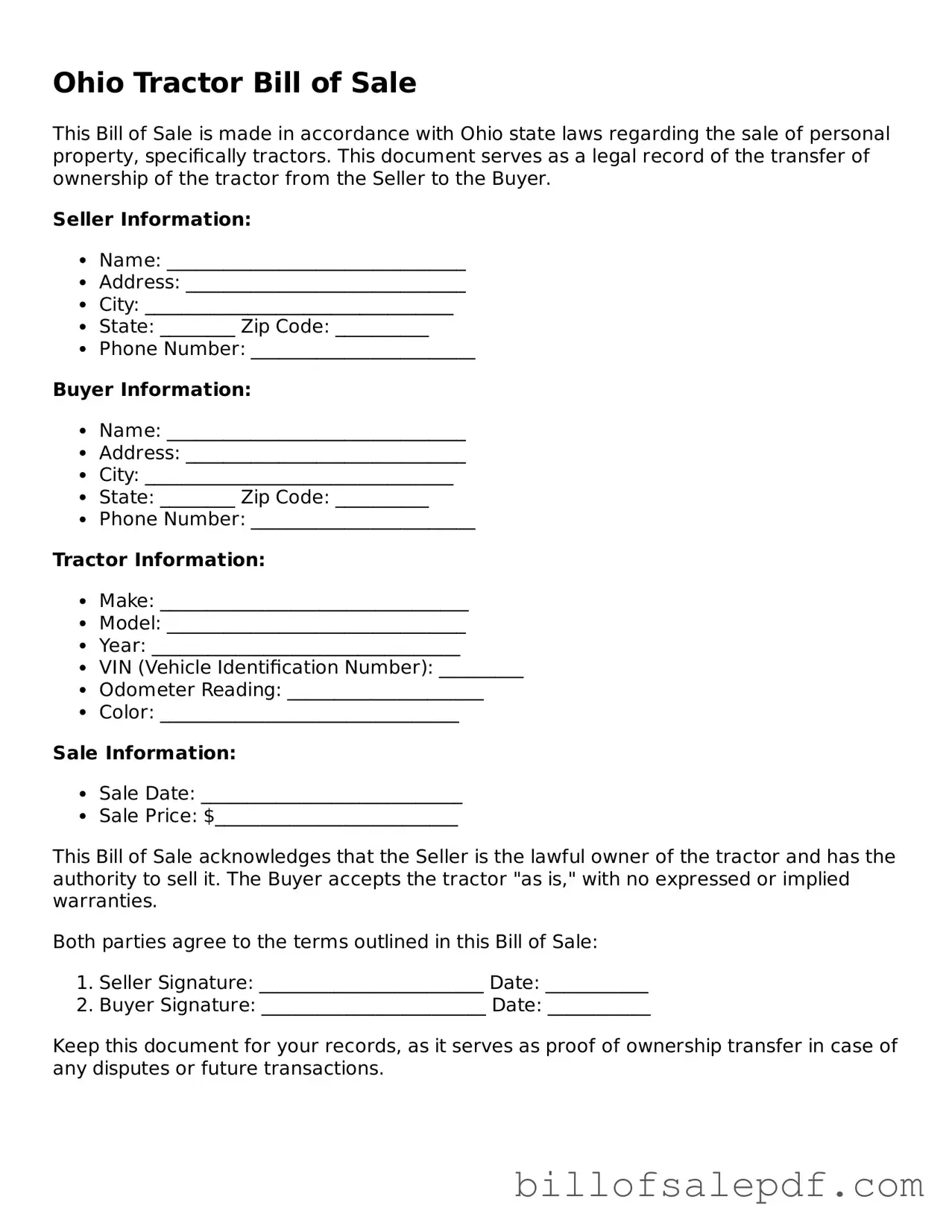 Legal Ohio Tractor Bill of Sale Form