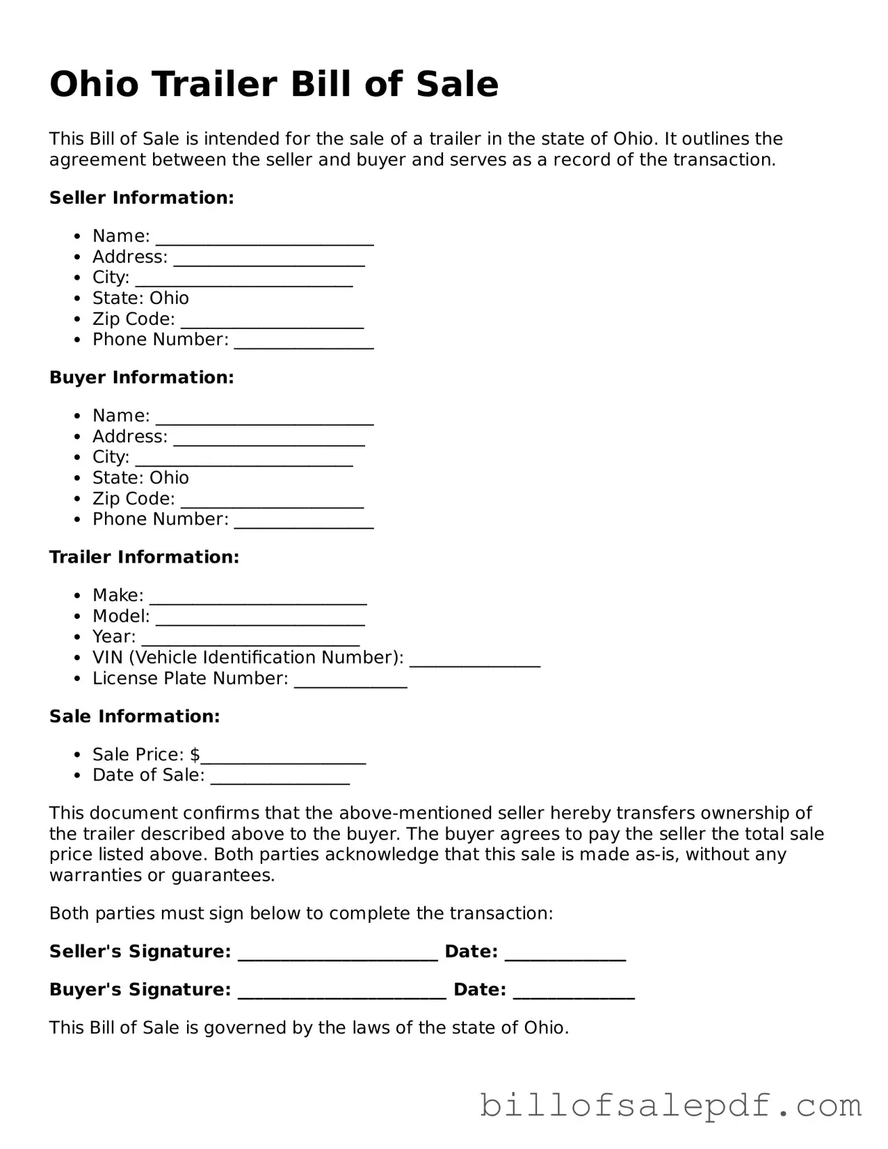 Legal Ohio Trailer Bill of Sale Form