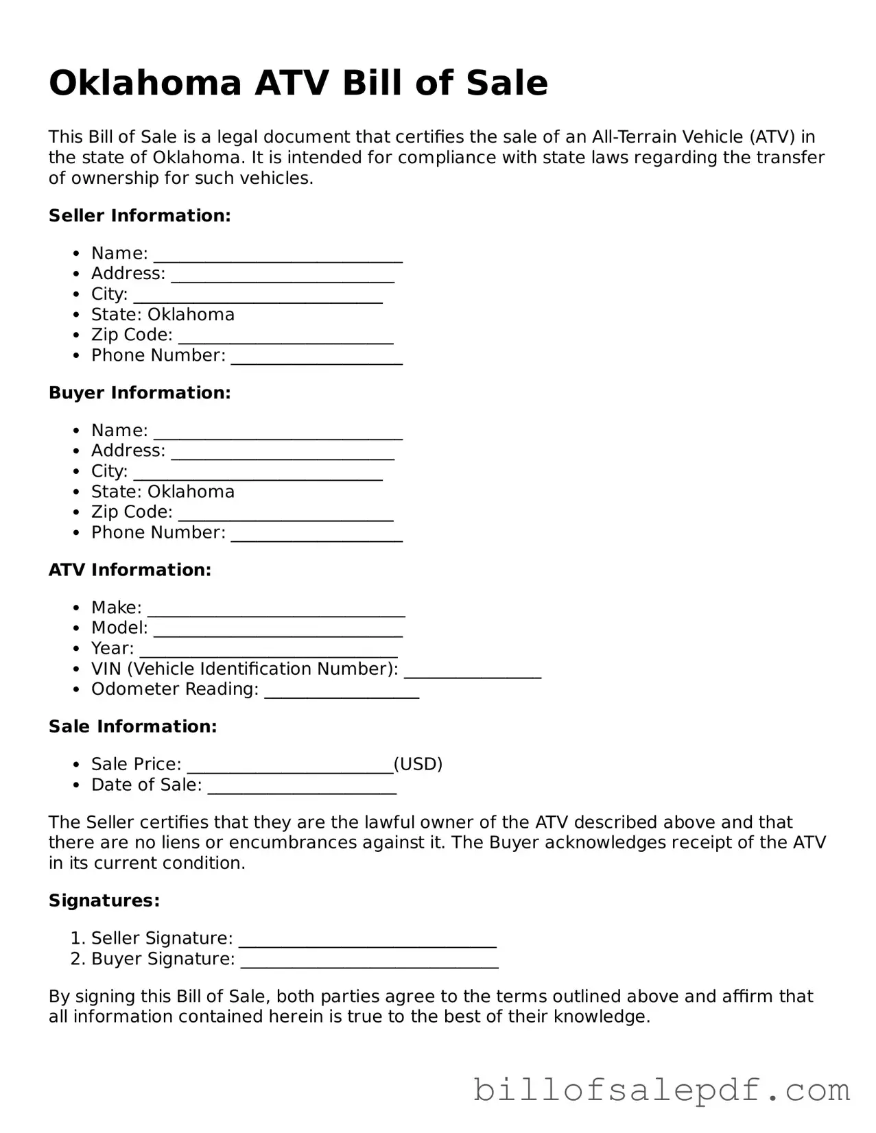 Legal Oklahoma ATV Bill of Sale Form