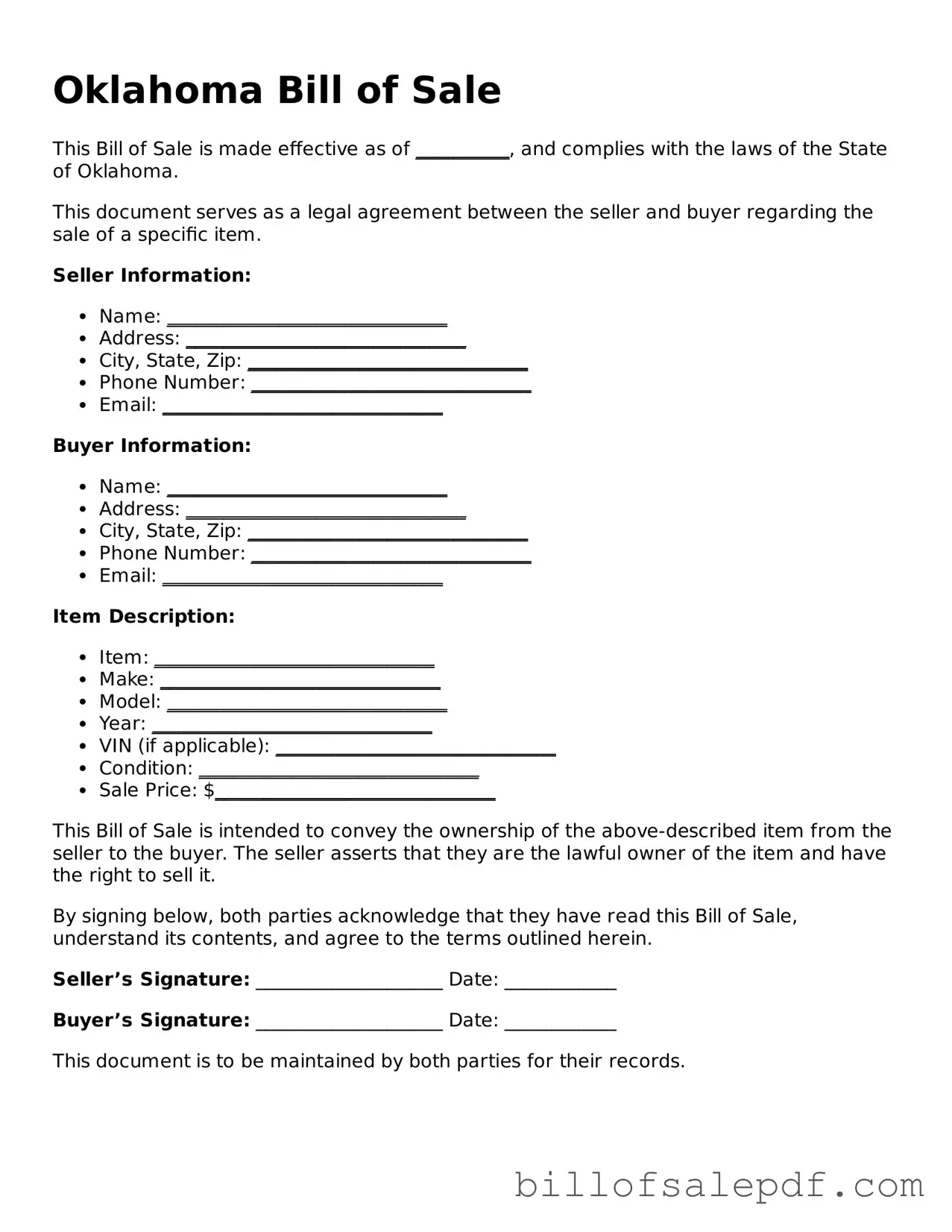 Legal Oklahoma Bill of Sale Form