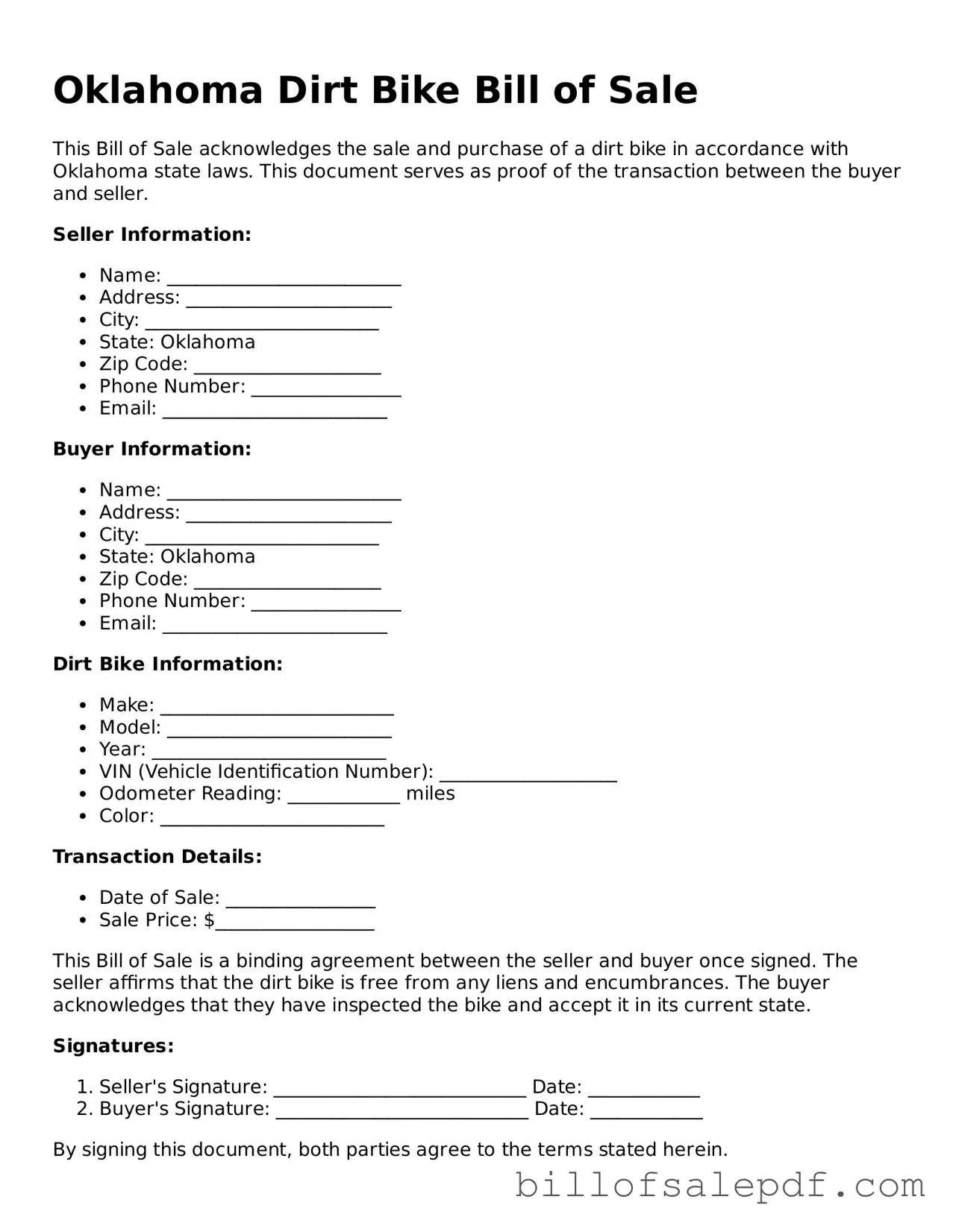 Legal Oklahoma Dirt Bike Bill of Sale Form