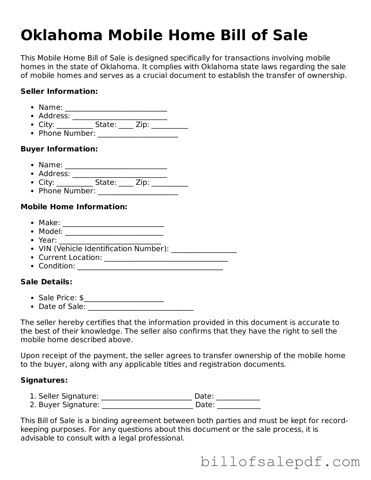 Legal Oklahoma Mobile Home Bill of Sale Form