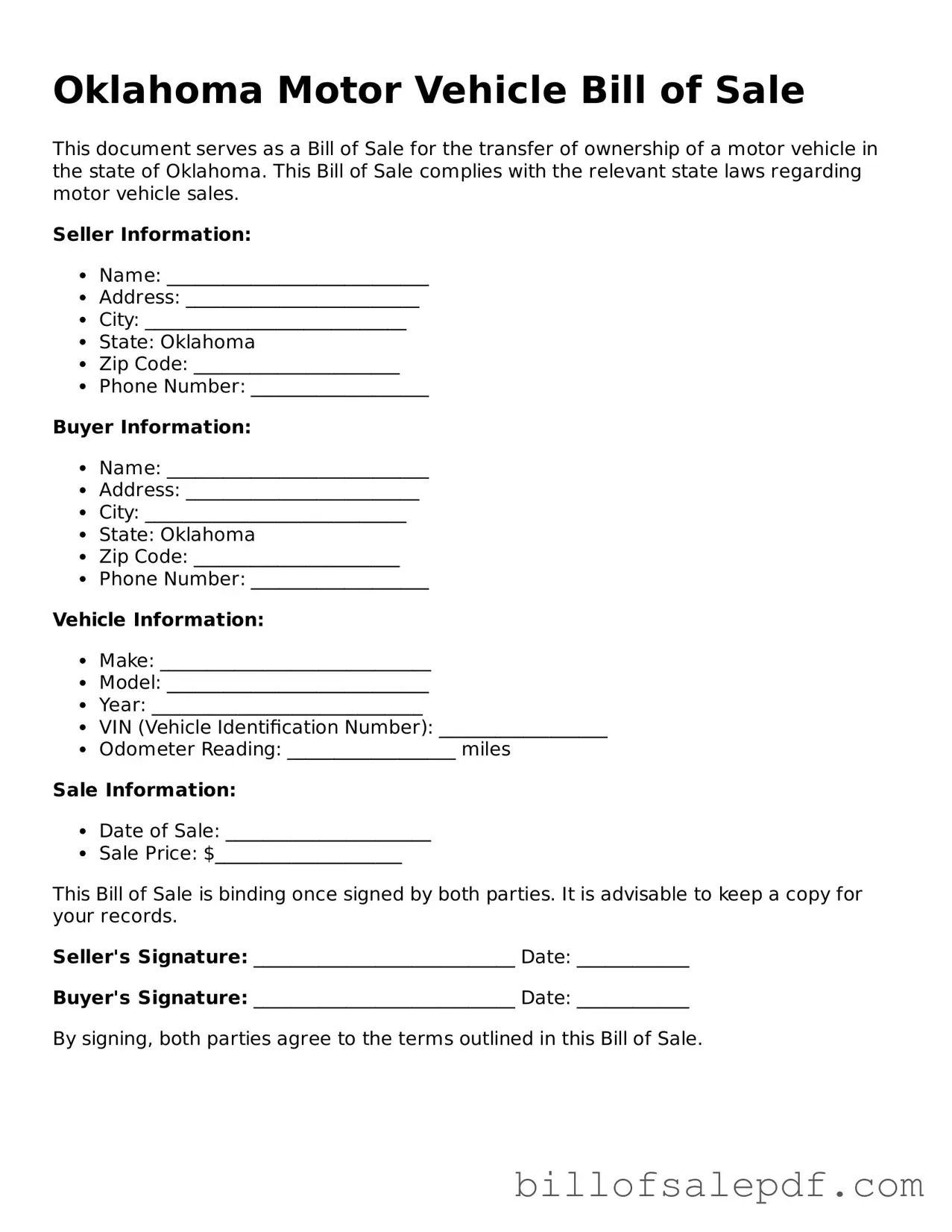 Legal Oklahoma Motor Vehicle Bill of Sale Form