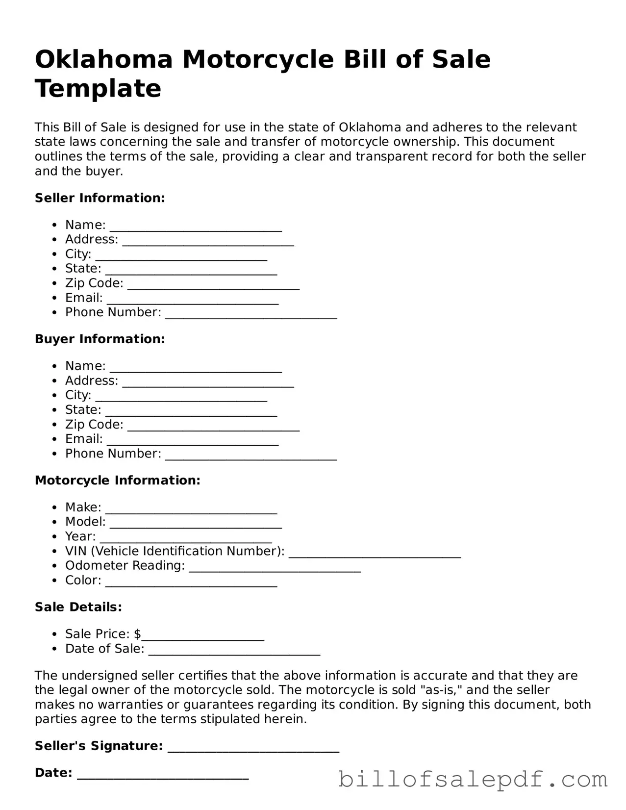 Legal Oklahoma Motorcycle Bill of Sale Form