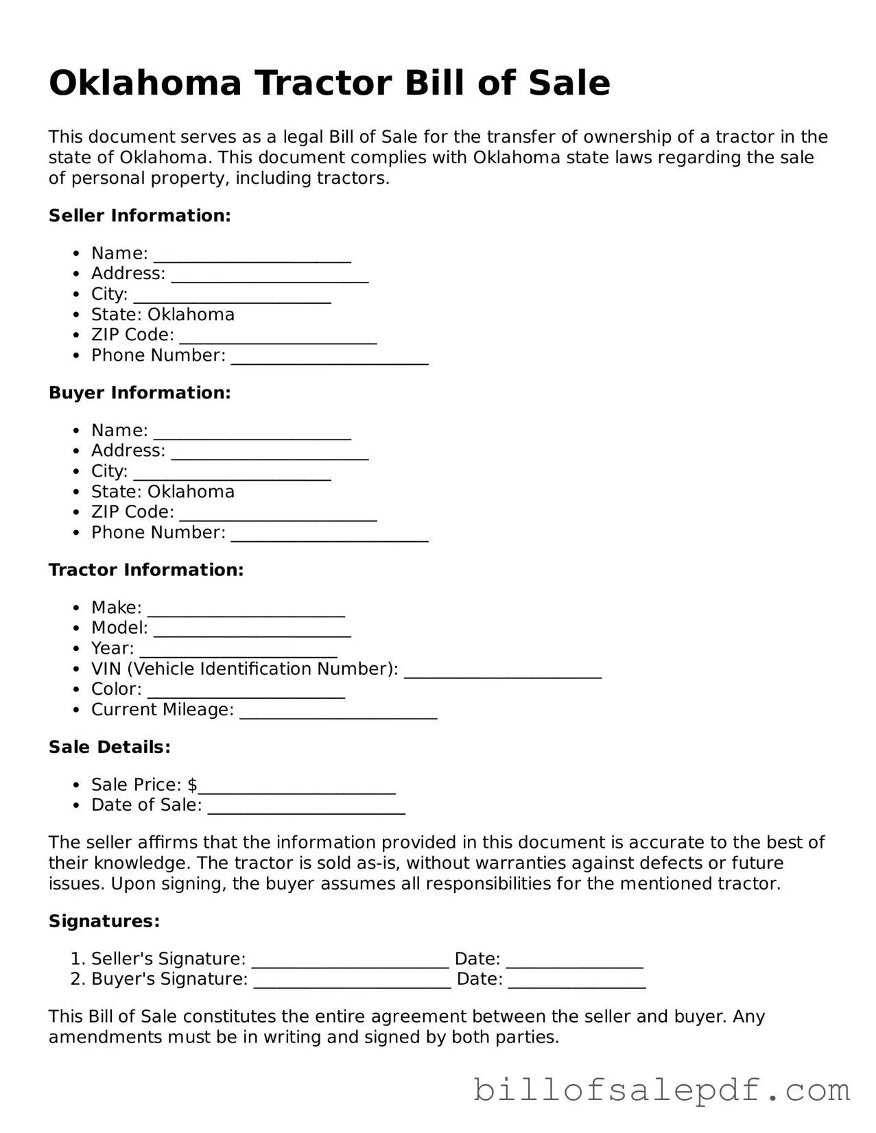 Legal Oklahoma Tractor Bill of Sale Form
