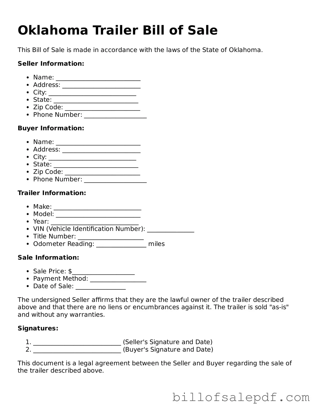 Legal Oklahoma Trailer Bill of Sale Form