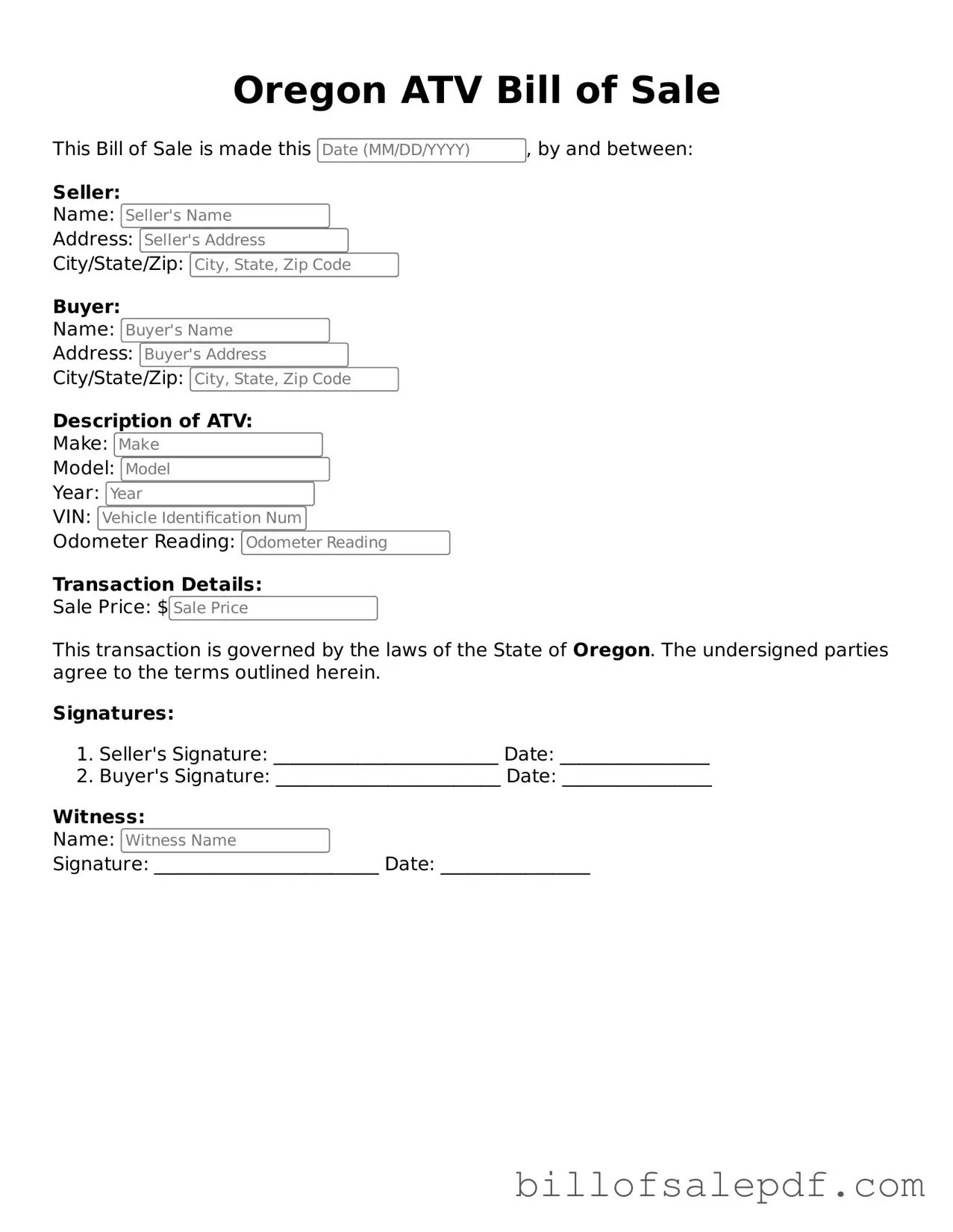 Legal Oregon ATV Bill of Sale Form