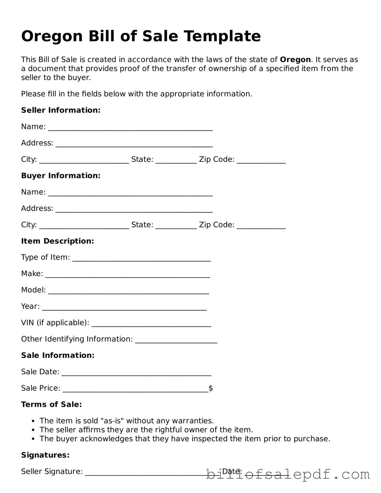 Legal Oregon Bill of Sale Form