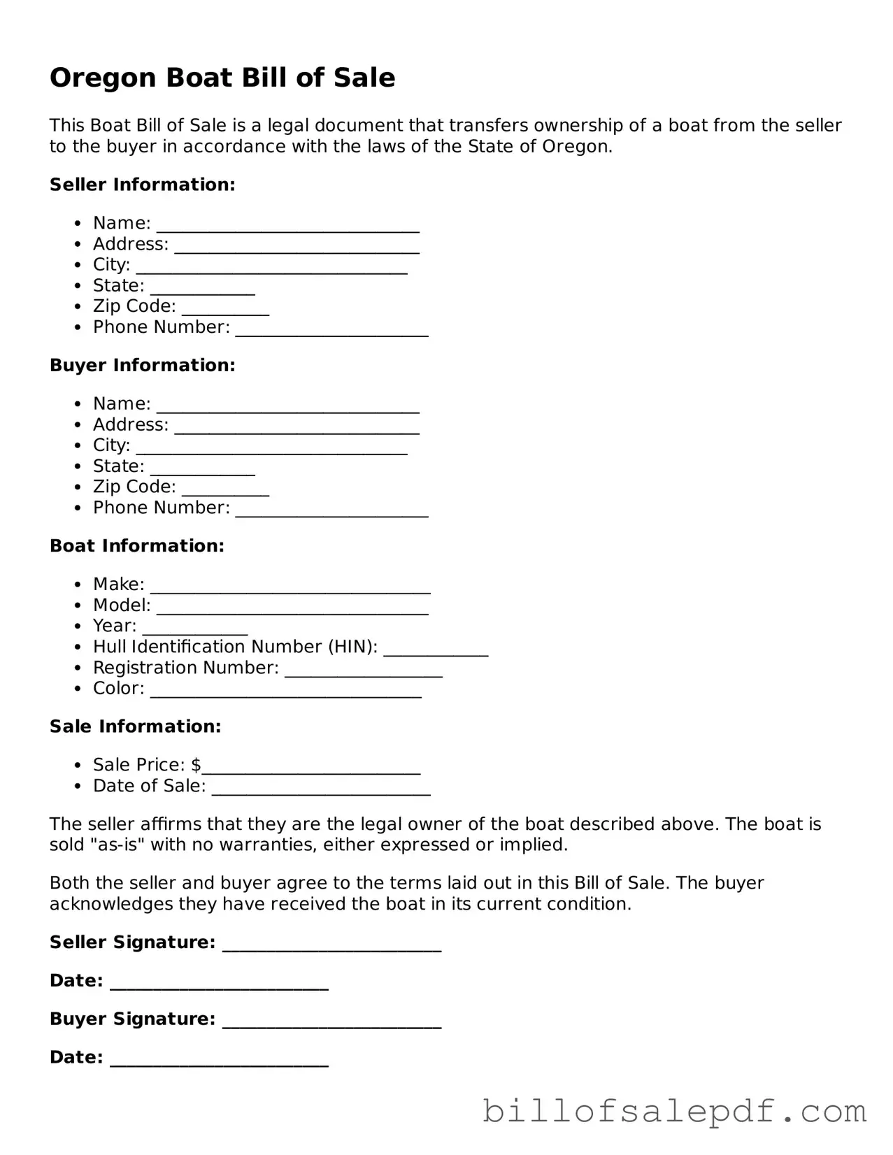 Legal Oregon Boat Bill of Sale Form
