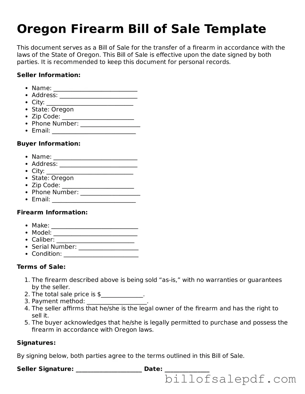 Legal Oregon Firearm Bill of Sale Form