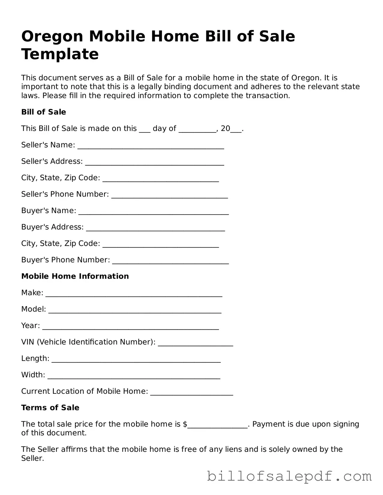 Legal Oregon Mobile Home Bill of Sale Form