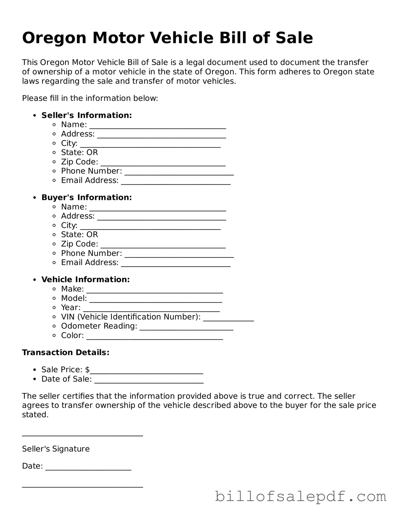 Legal Oregon Motor Vehicle Bill of Sale Form