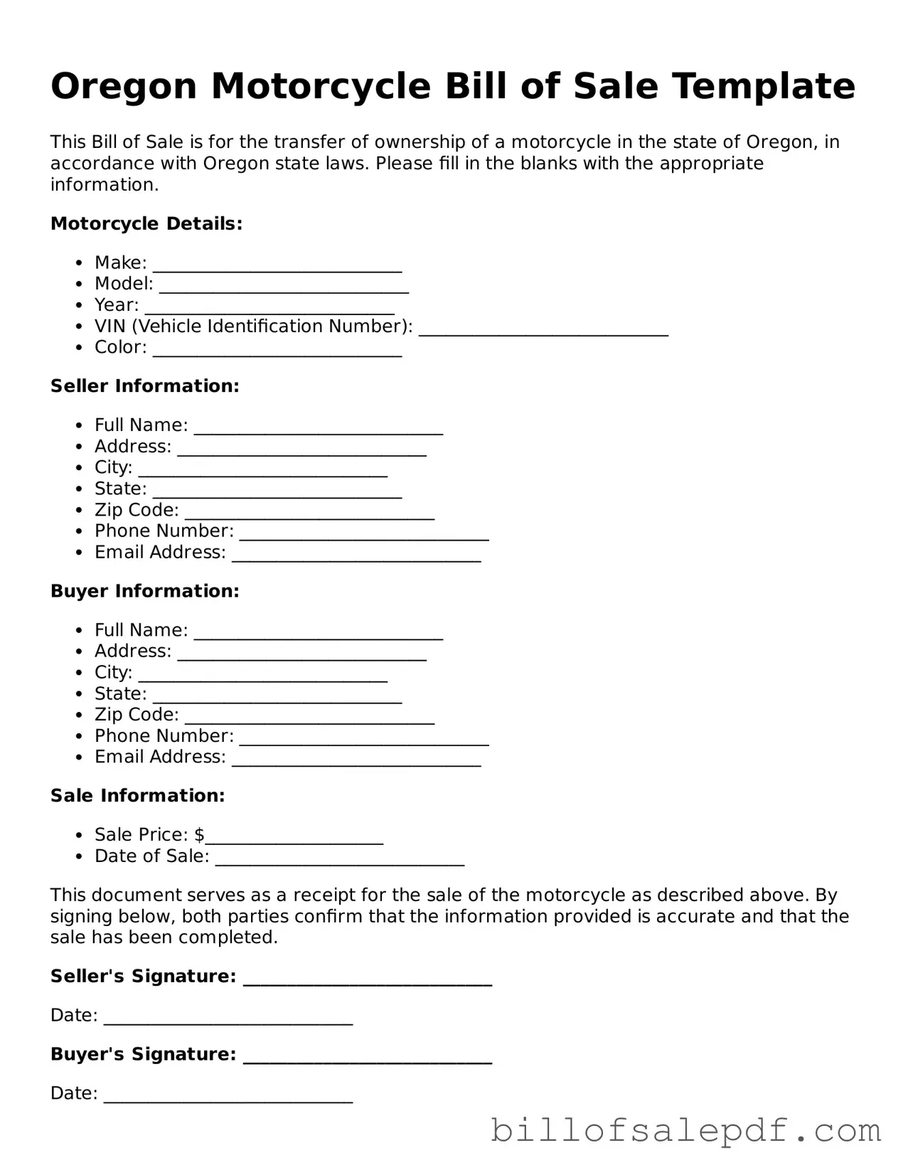 Legal Oregon Motorcycle Bill of Sale Form
