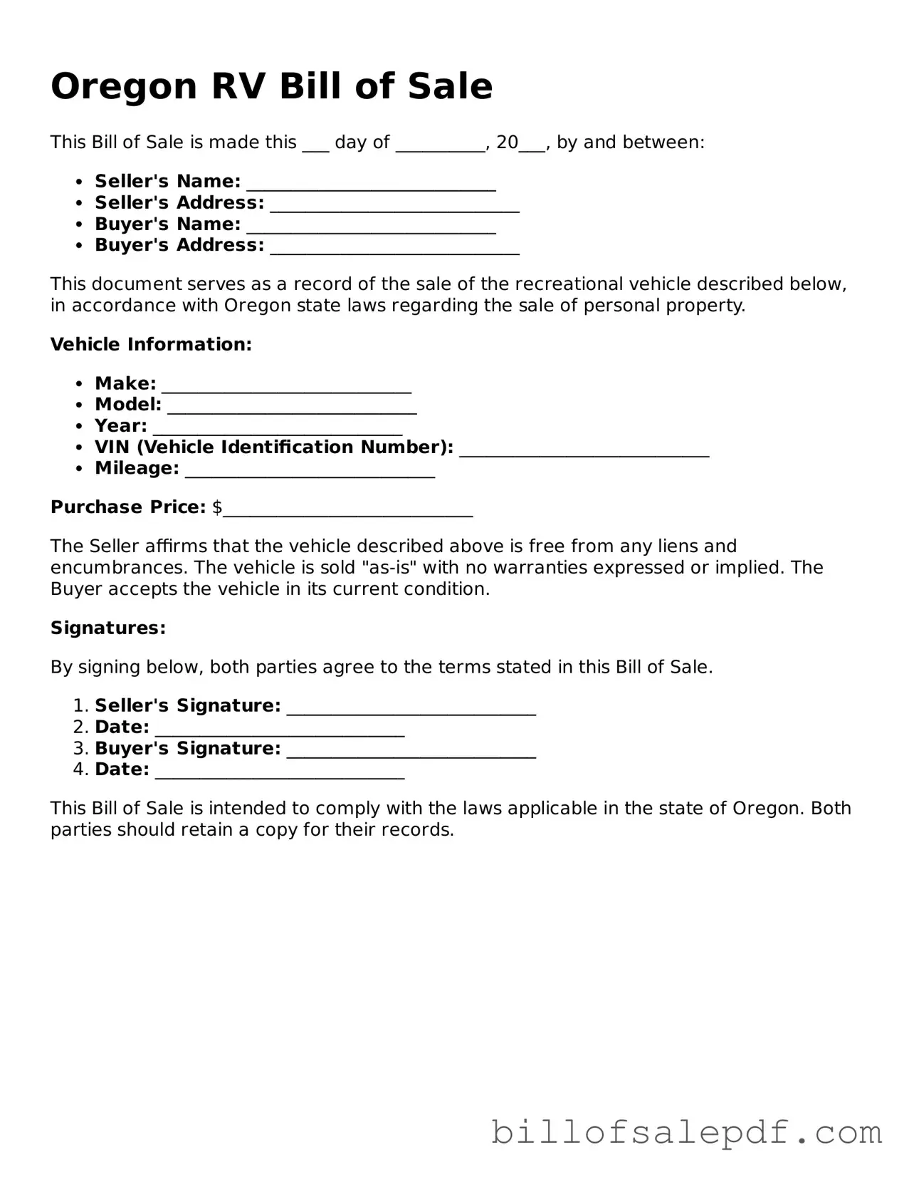 Legal Oregon RV Bill of Sale Form