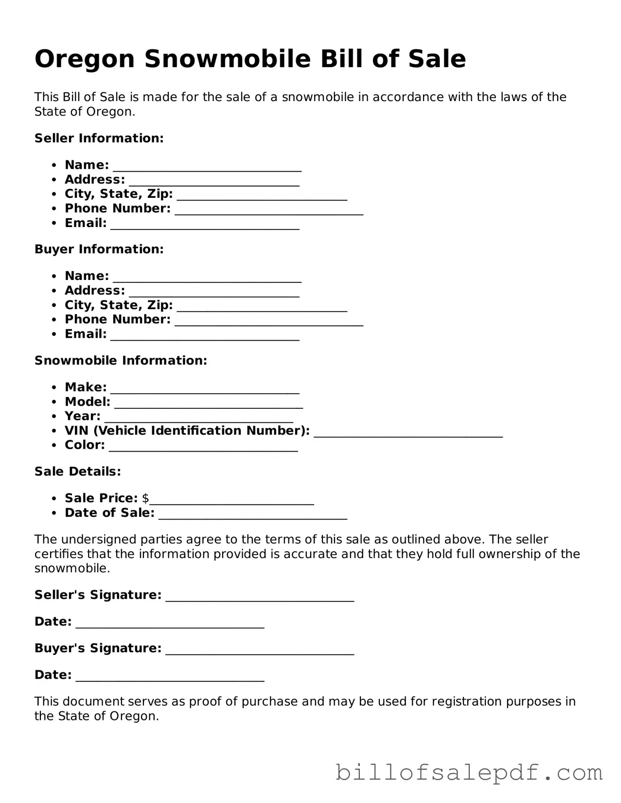 Legal Oregon Snowmobile Bill of Sale Form