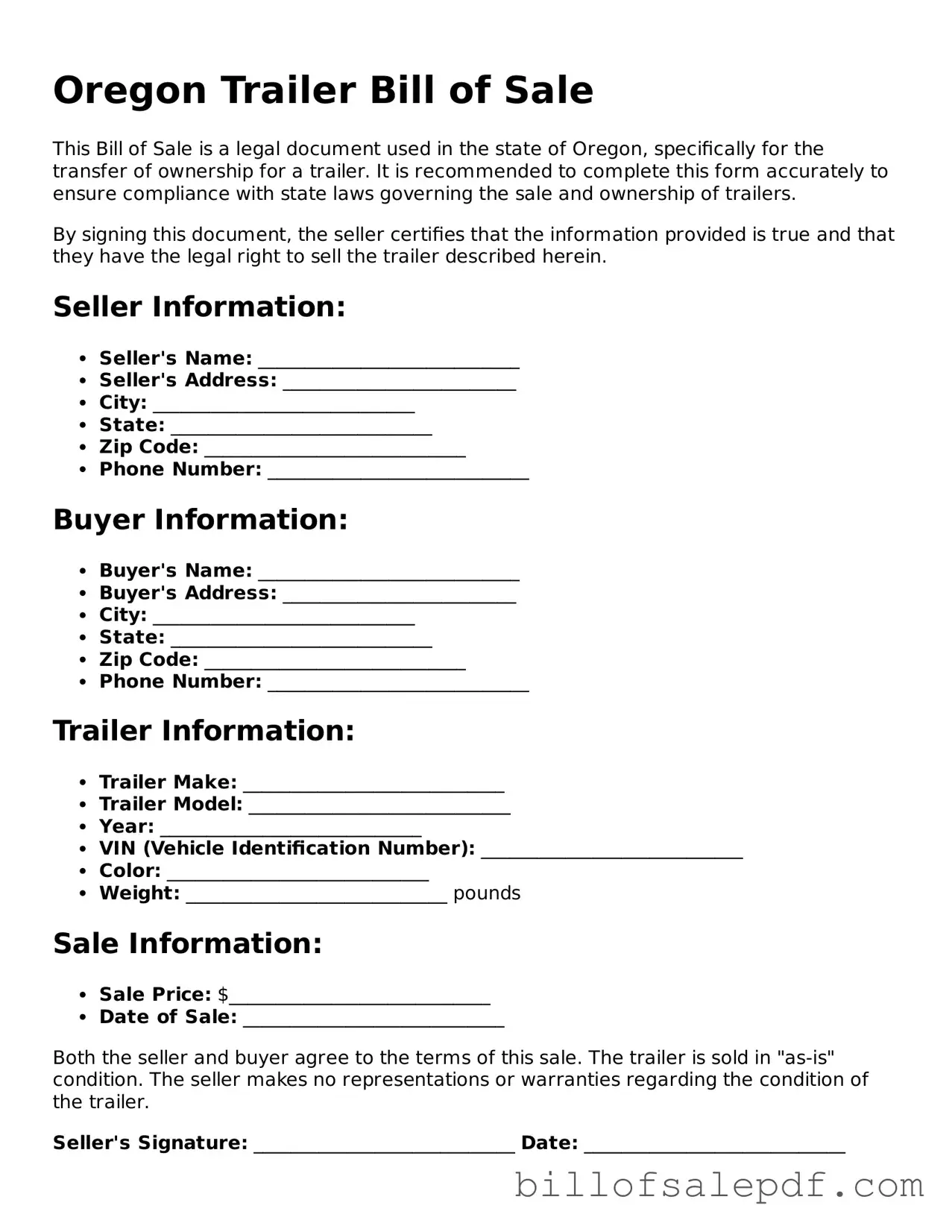 Legal Oregon Trailer Bill of Sale Form