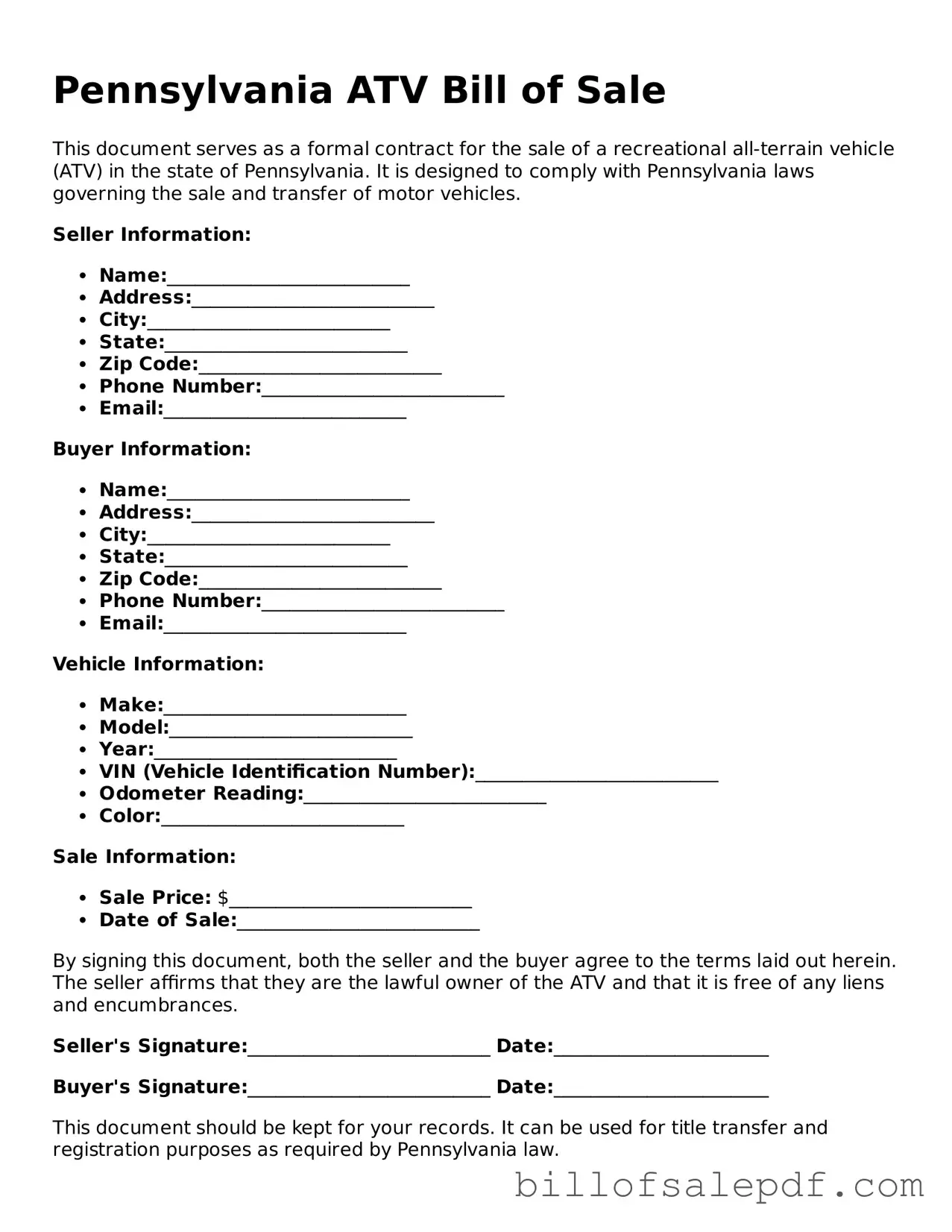 Legal Pennsylvania ATV Bill of Sale Form