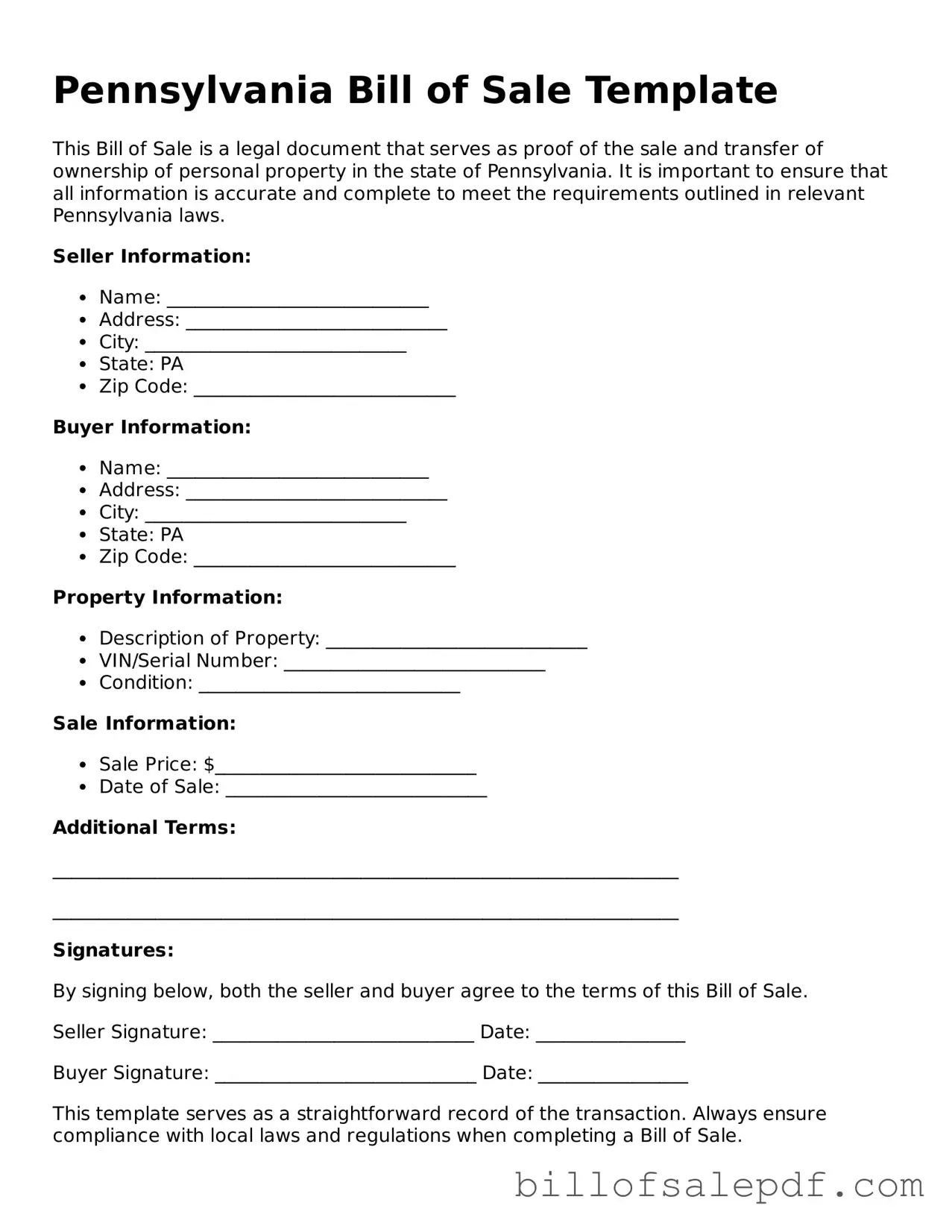 Legal Pennsylvania Bill of Sale Form