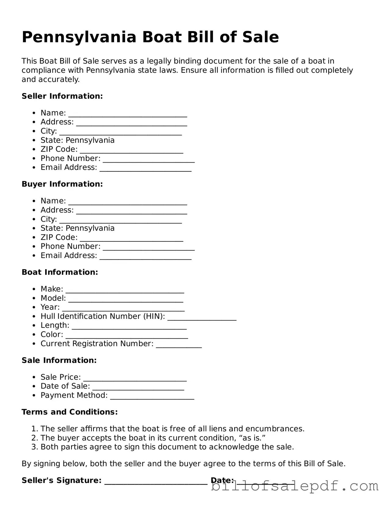 Legal Pennsylvania Boat Bill of Sale Form