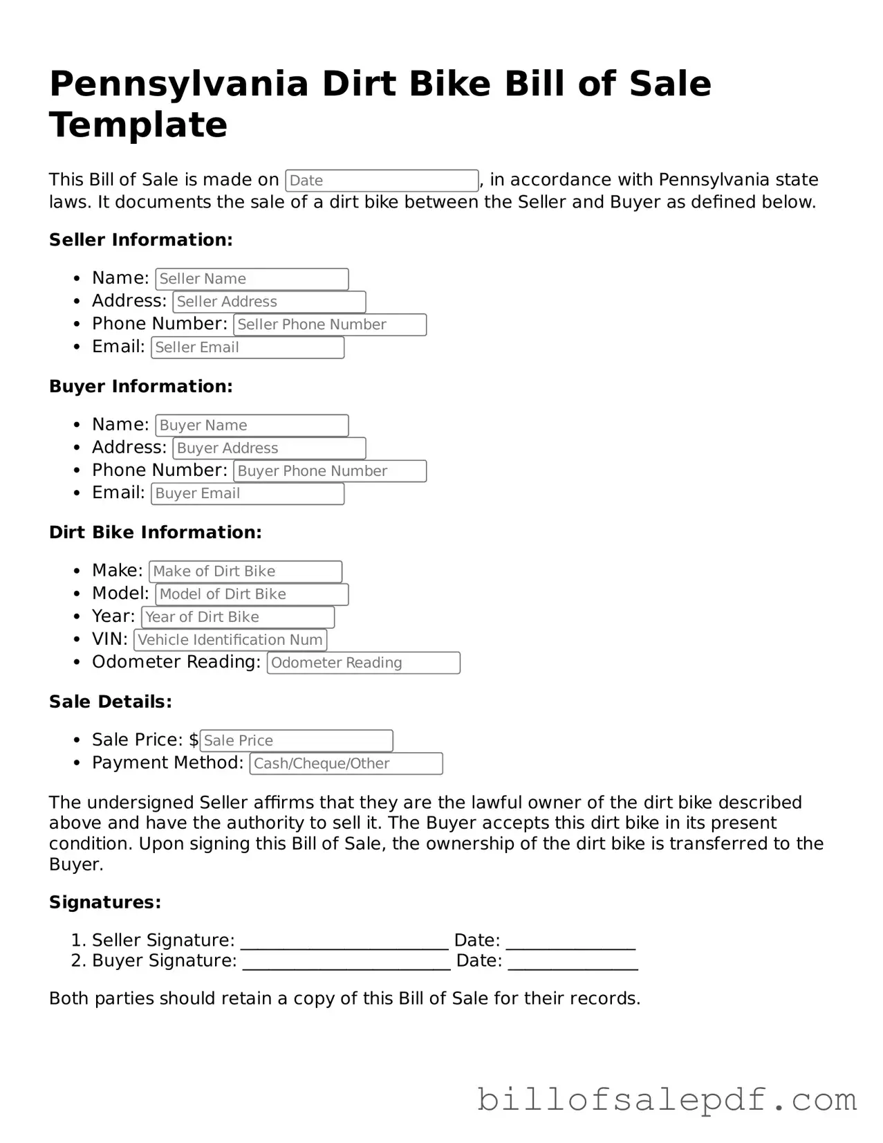 Legal Pennsylvania Dirt Bike Bill of Sale Form