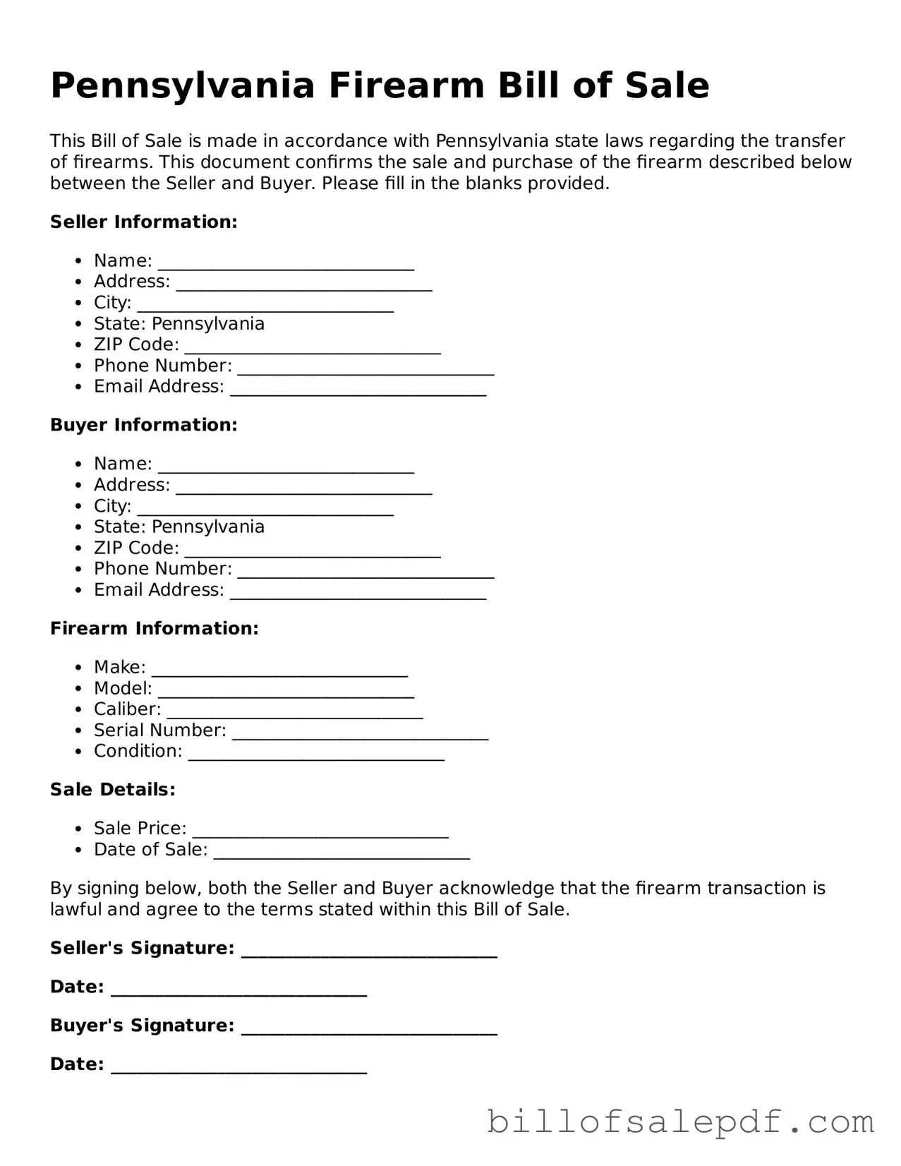 Legal Pennsylvania Firearm Bill of Sale Form