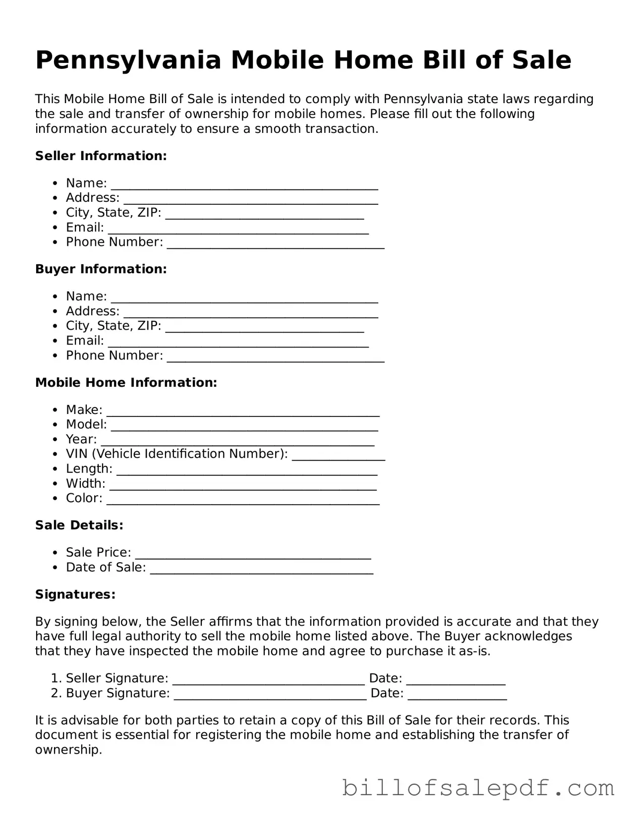 Legal Pennsylvania Mobile Home Bill of Sale Form