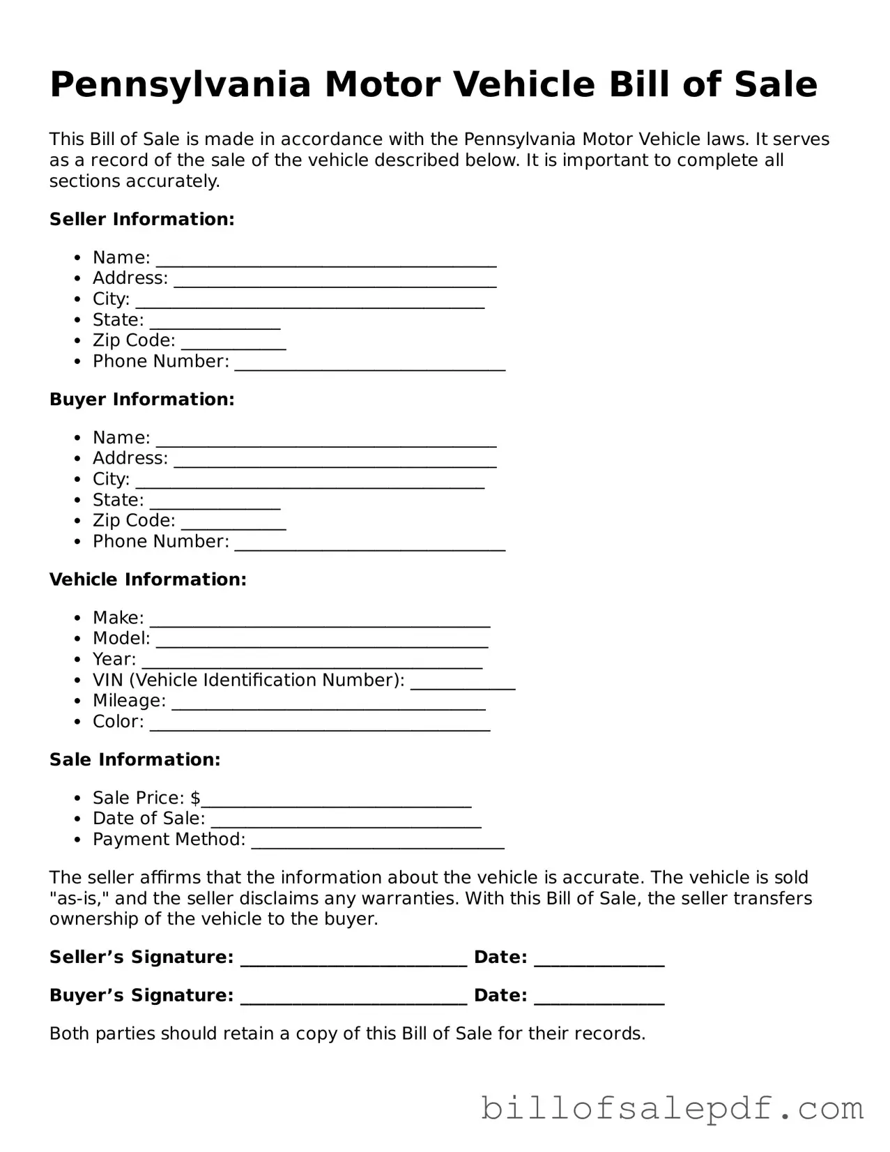 Legal Pennsylvania Motor Vehicle Bill of Sale Form