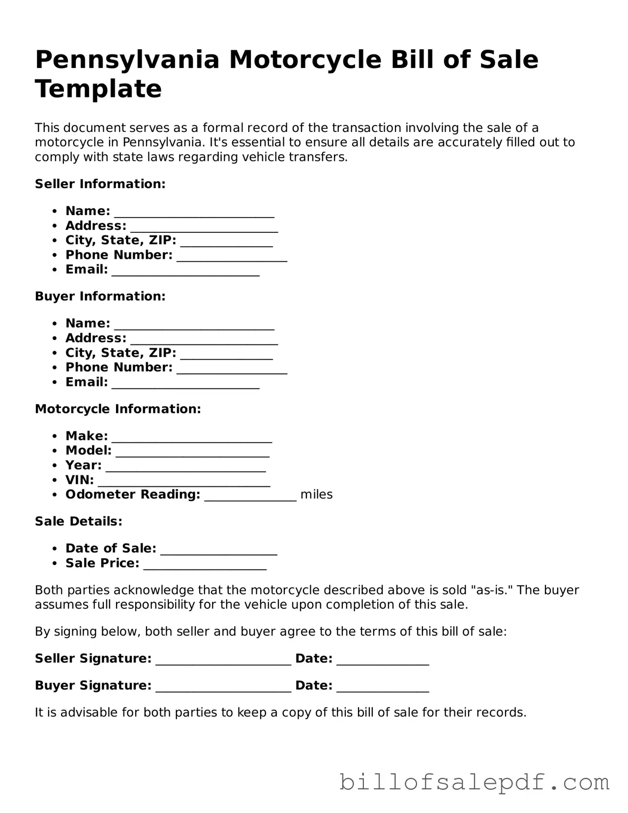 Legal Pennsylvania Motorcycle Bill of Sale Form