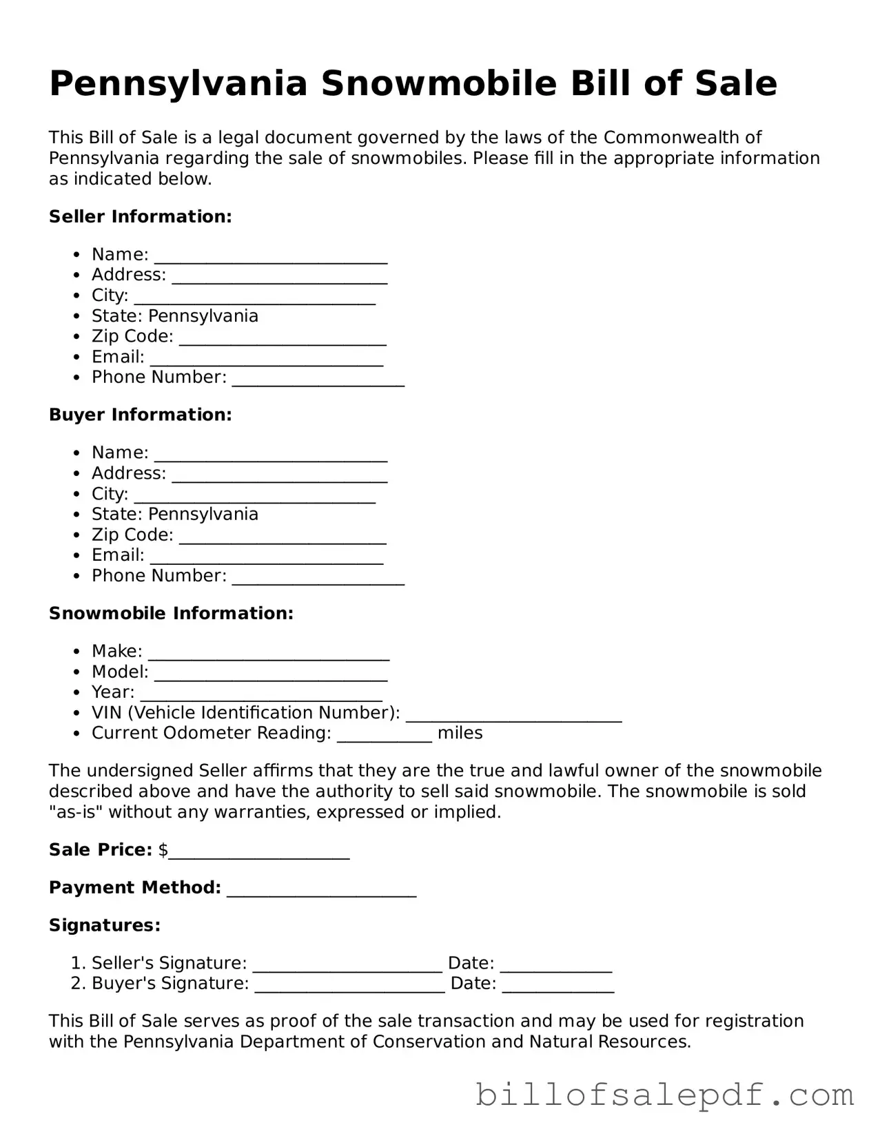 Legal Pennsylvania Snowmobile Bill of Sale Form