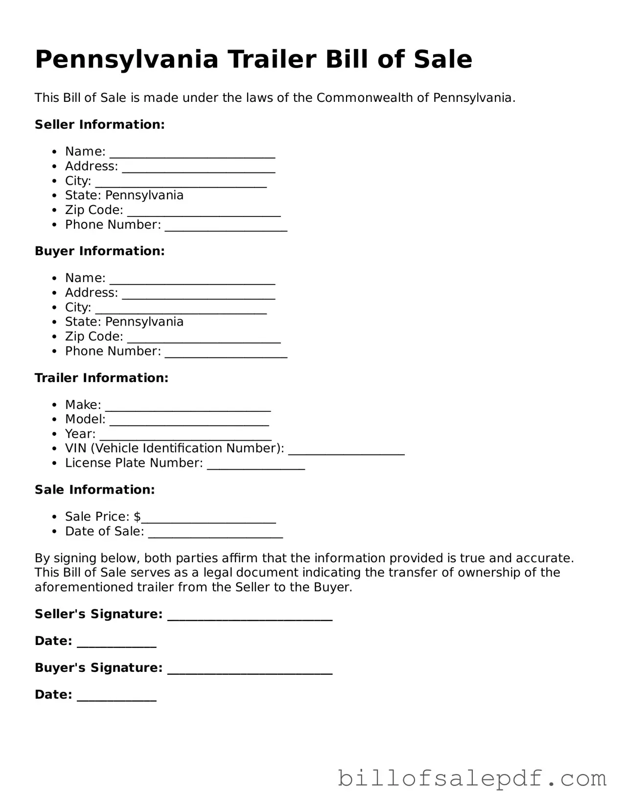 Legal Pennsylvania Trailer Bill of Sale Form