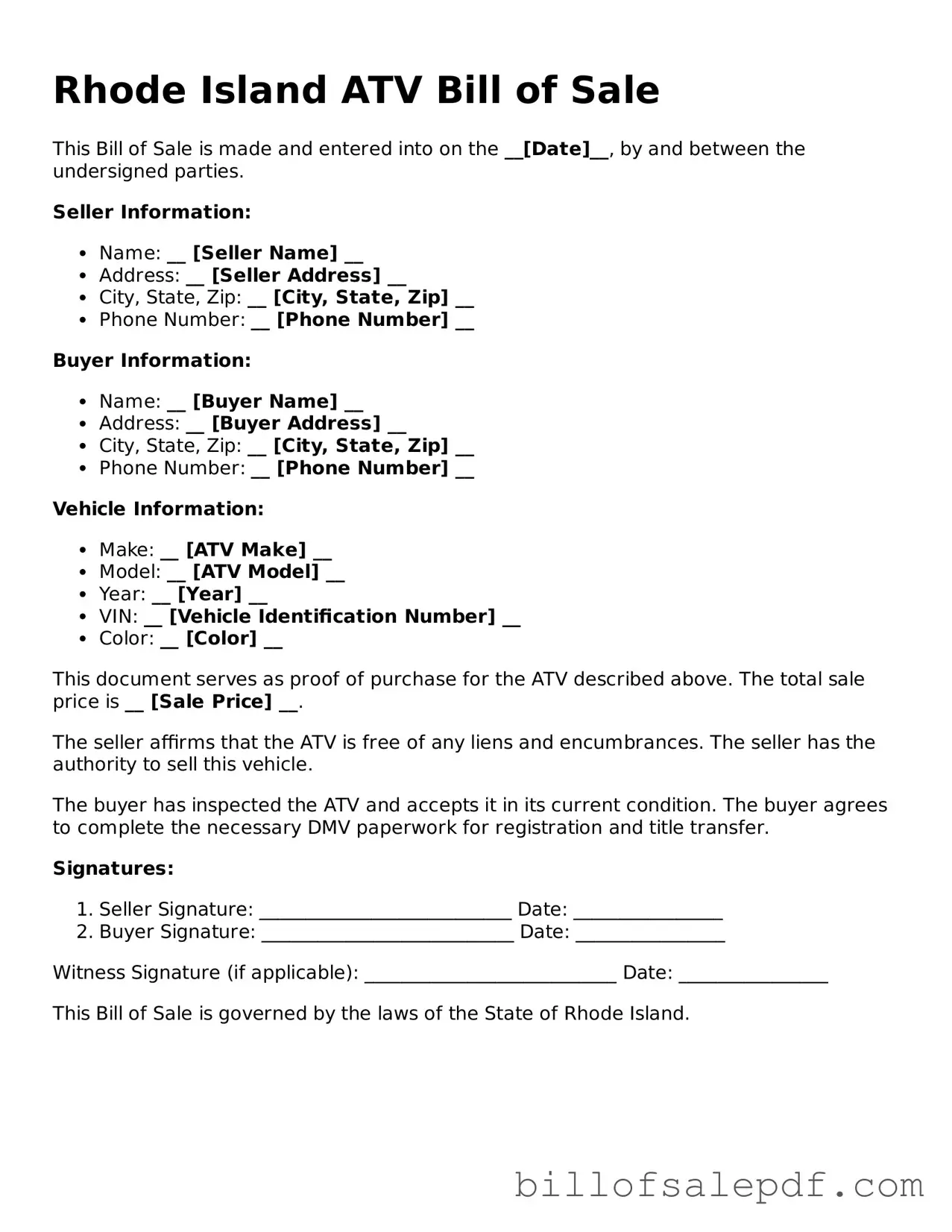 Legal Rhode Island ATV Bill of Sale Form