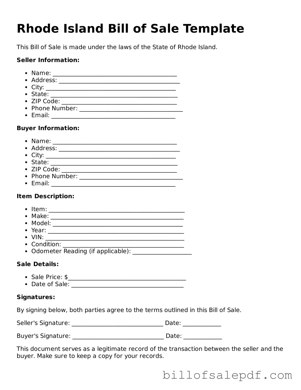 Legal Rhode Island Bill of Sale Form