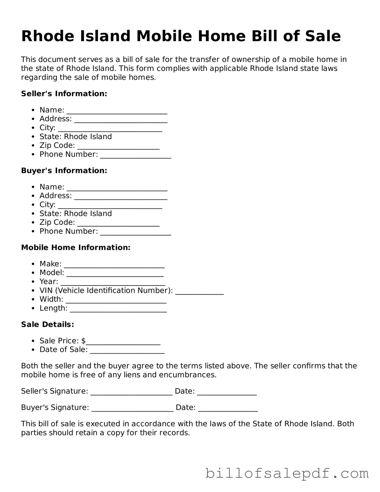 Legal Rhode Island Mobile Home Bill of Sale Form