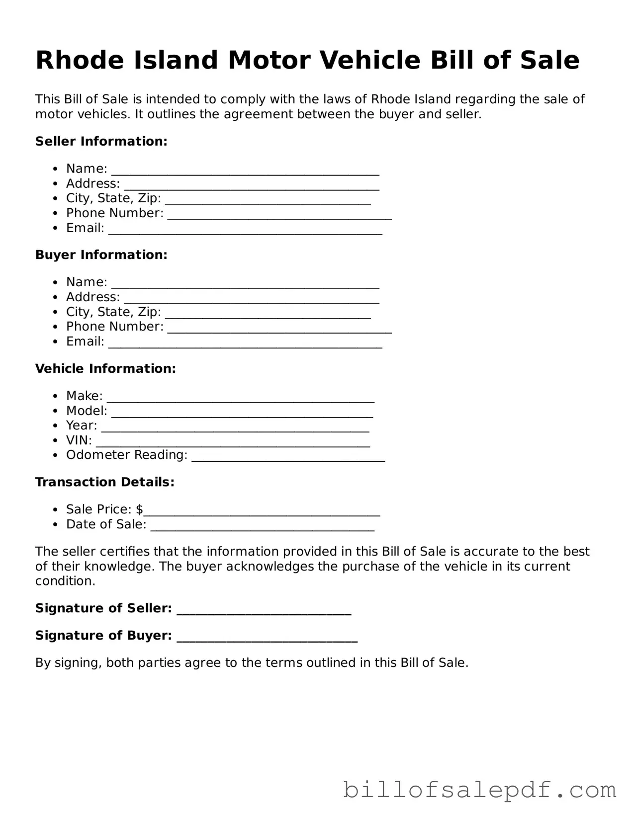 Legal Rhode Island Motor Vehicle Bill of Sale Form