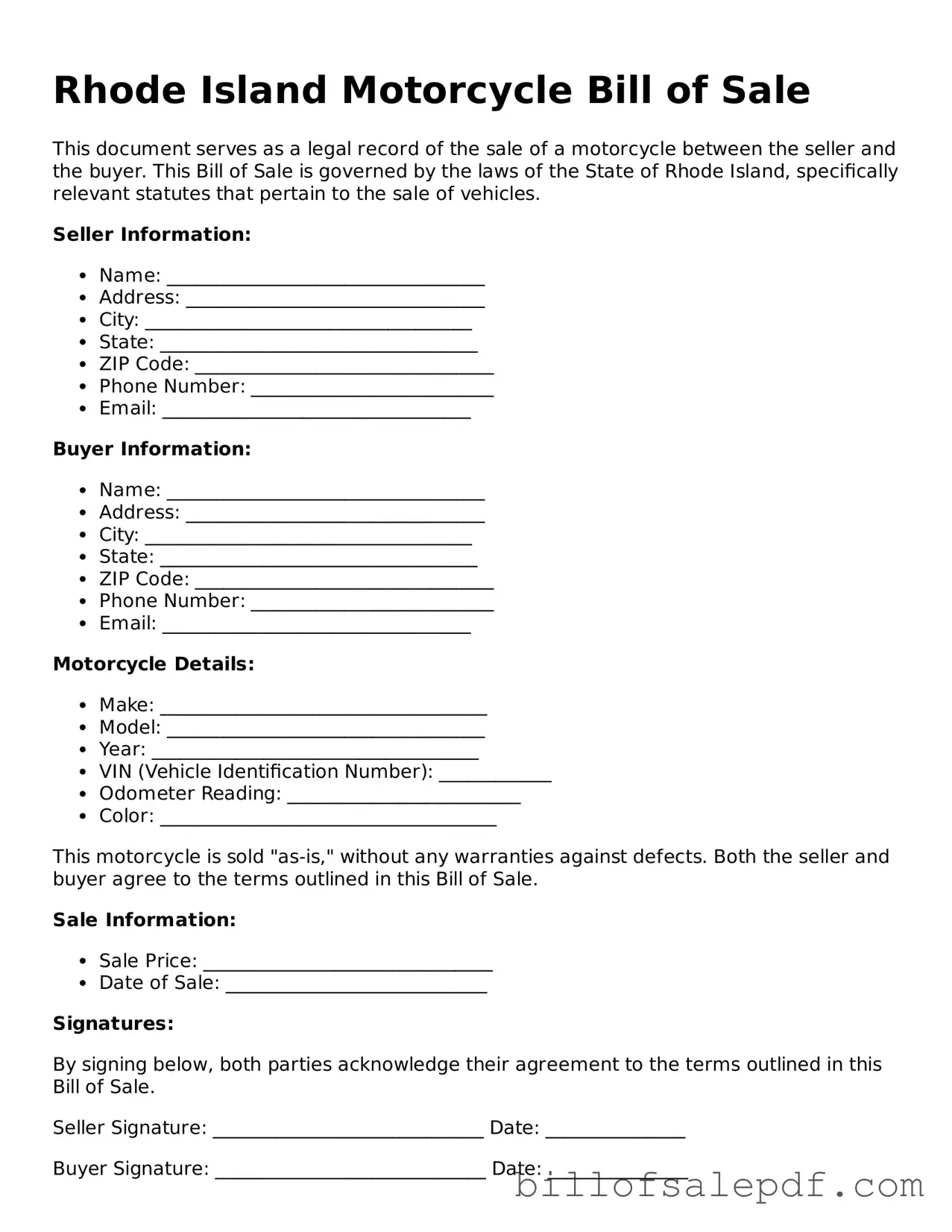 Legal Rhode Island Motorcycle Bill of Sale Form